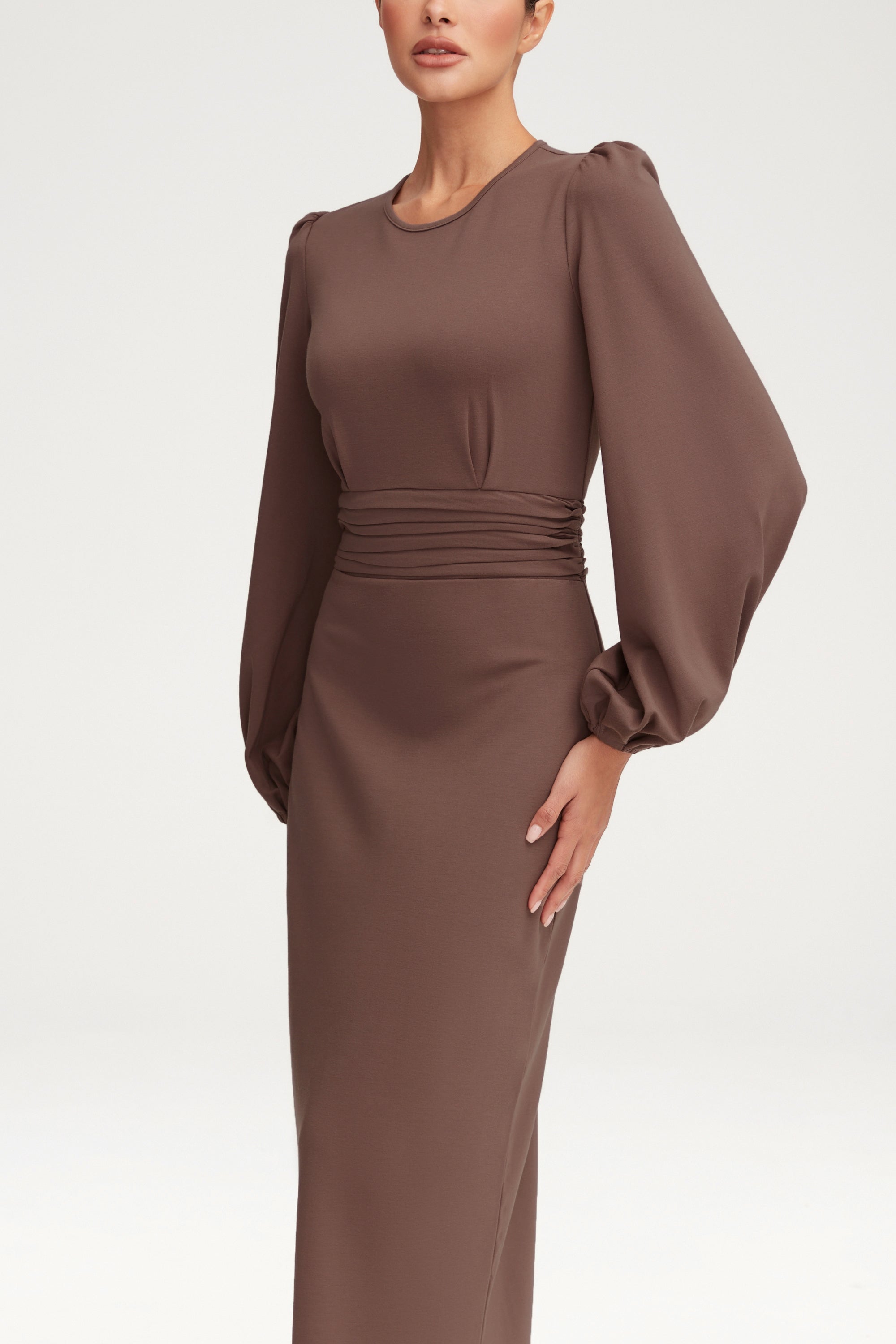 Elisa Jersey Rouched Waist Maxi Dress - Dark Taupe Clothing Veiled 