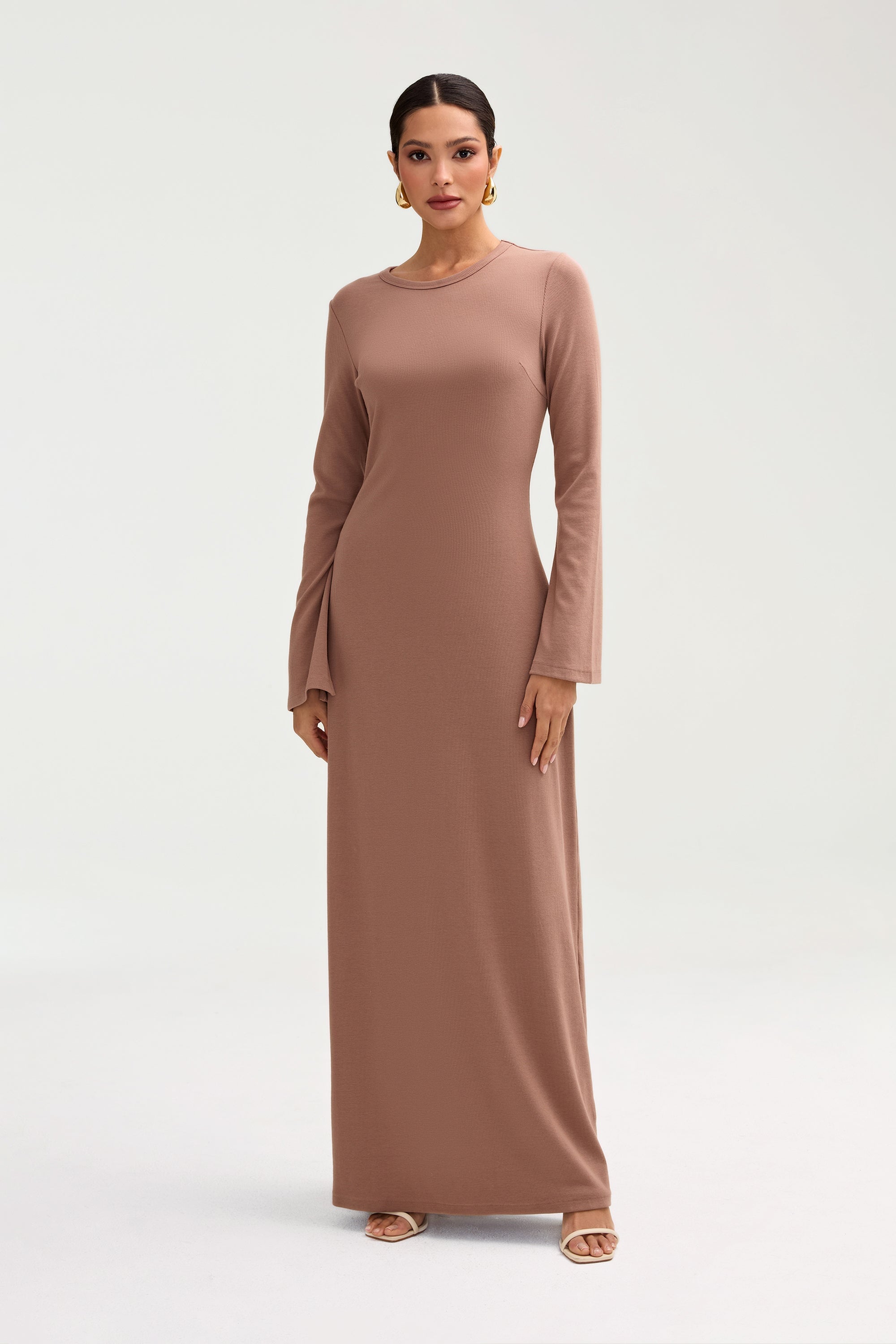 Ella Ribbed Split Cuff Maxi Dress - Brownie XS / 62" Ella Ribbed Split Cuff Maxi Dress - Brownie XS / 62"