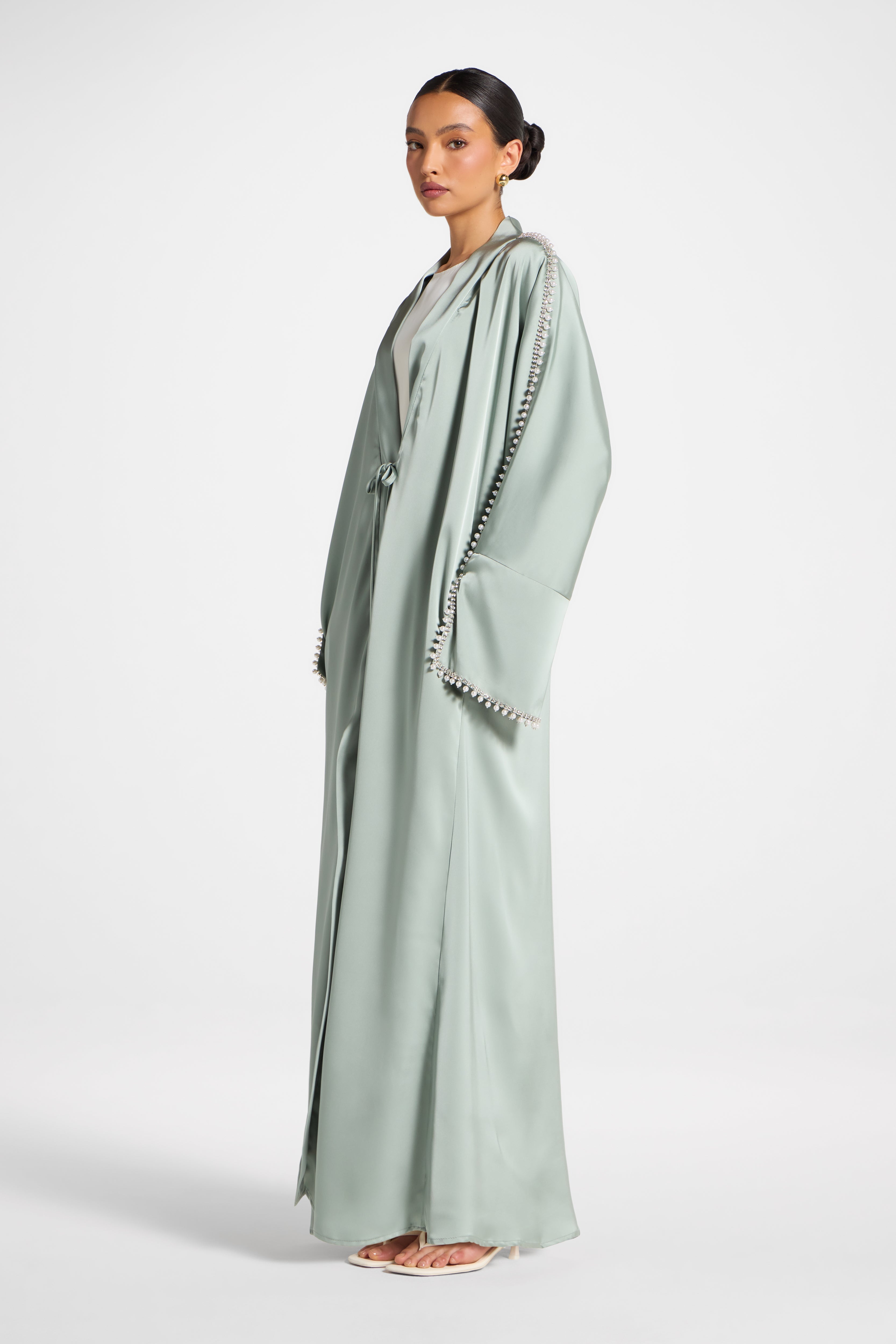 Embellished Open Abaya - Sage Abayas Veiled