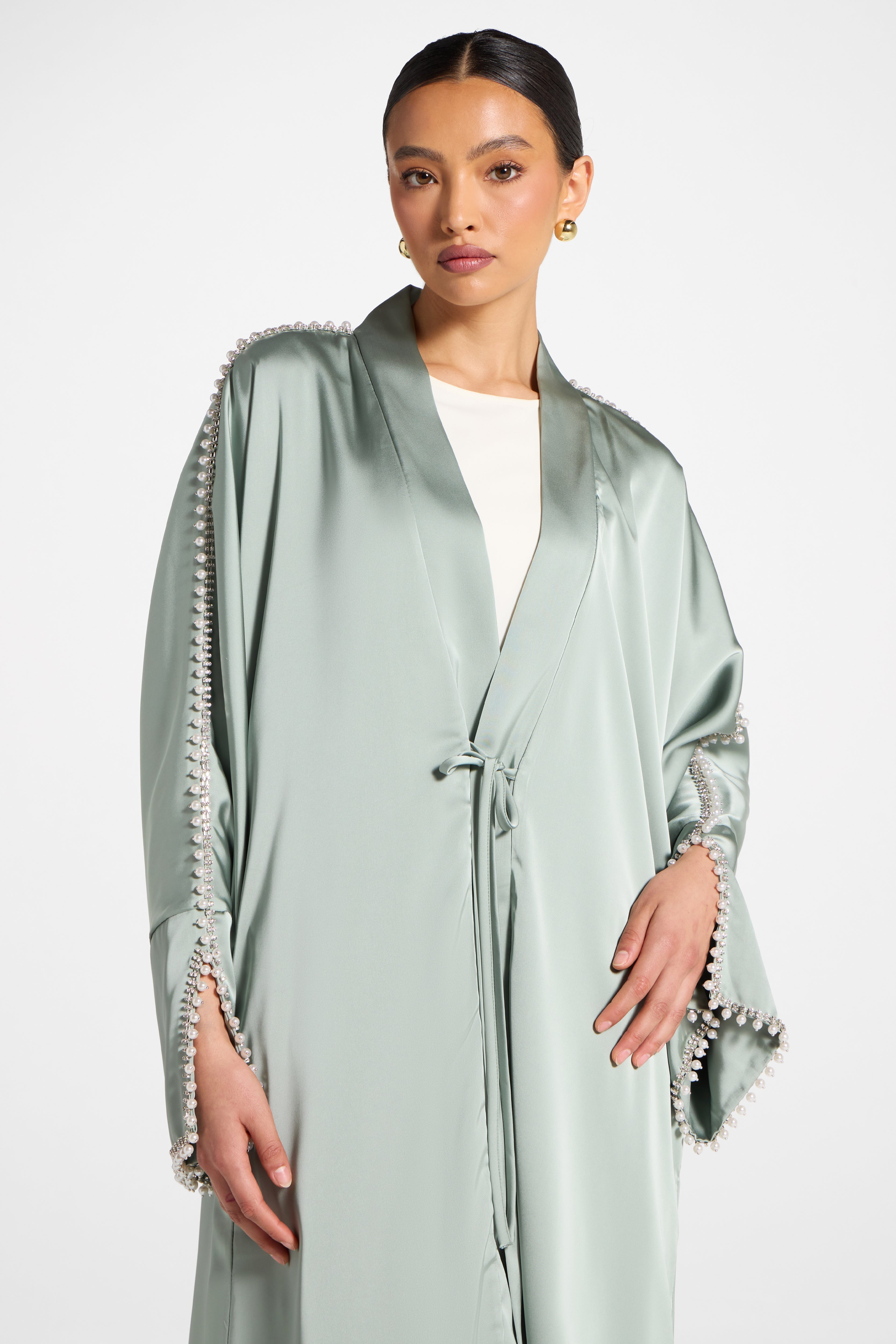 Embellished Open Abaya - Sage Abayas Veiled