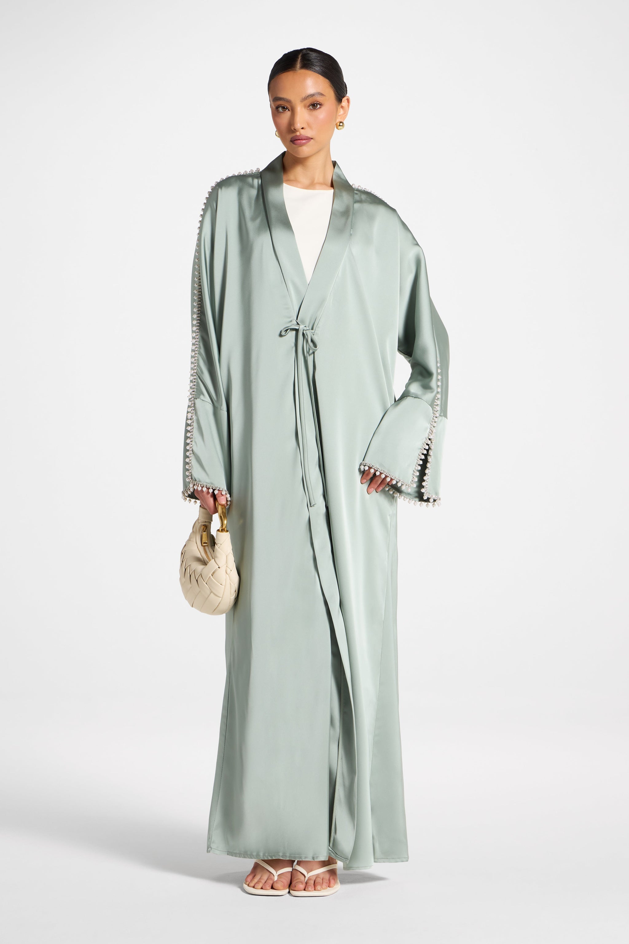 Embellished Open Abaya - Sage L / 54" Embellished Open Abaya - Sage L / 54"