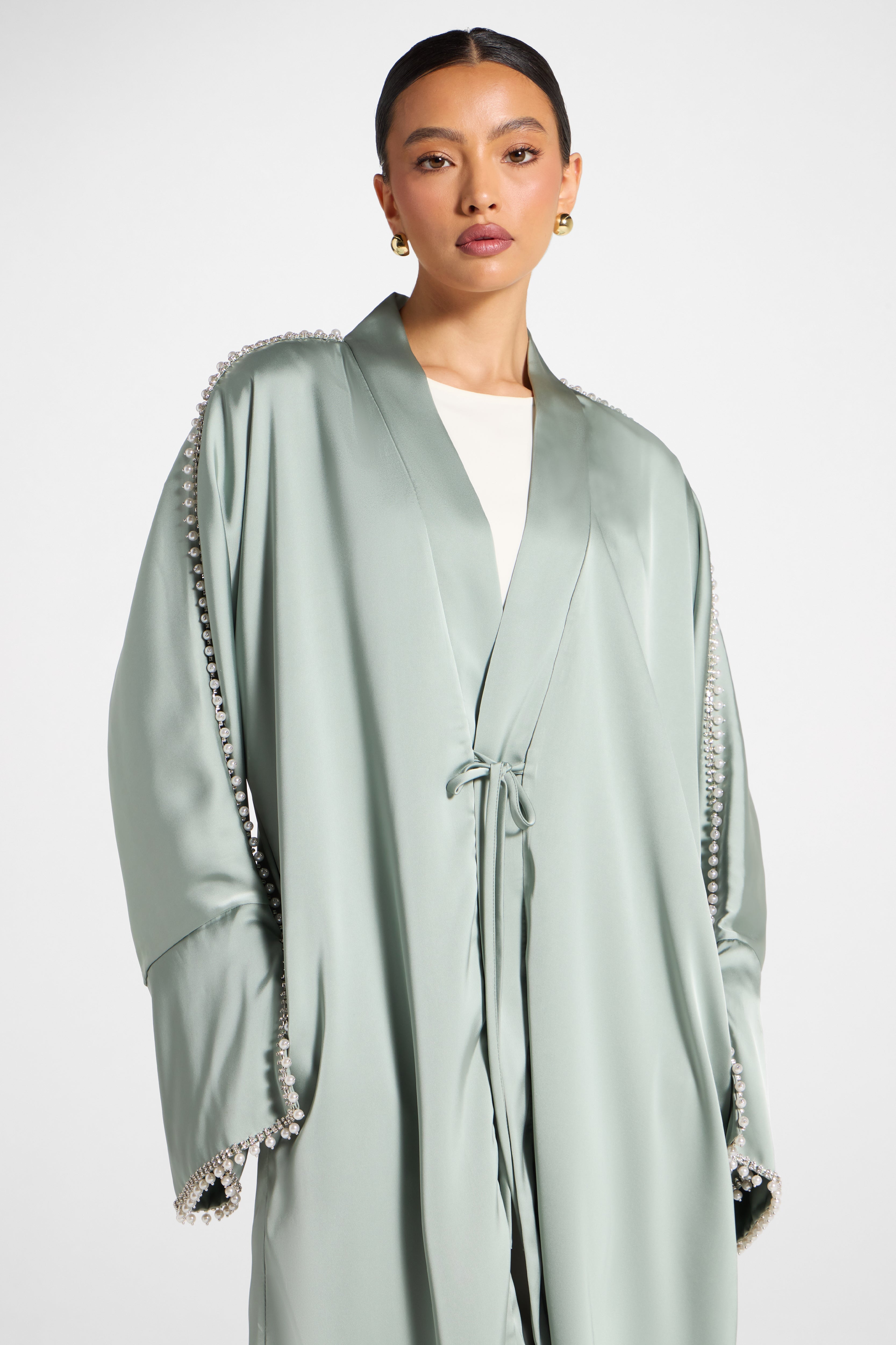 Embellished Open Abaya - Sage Abayas Veiled