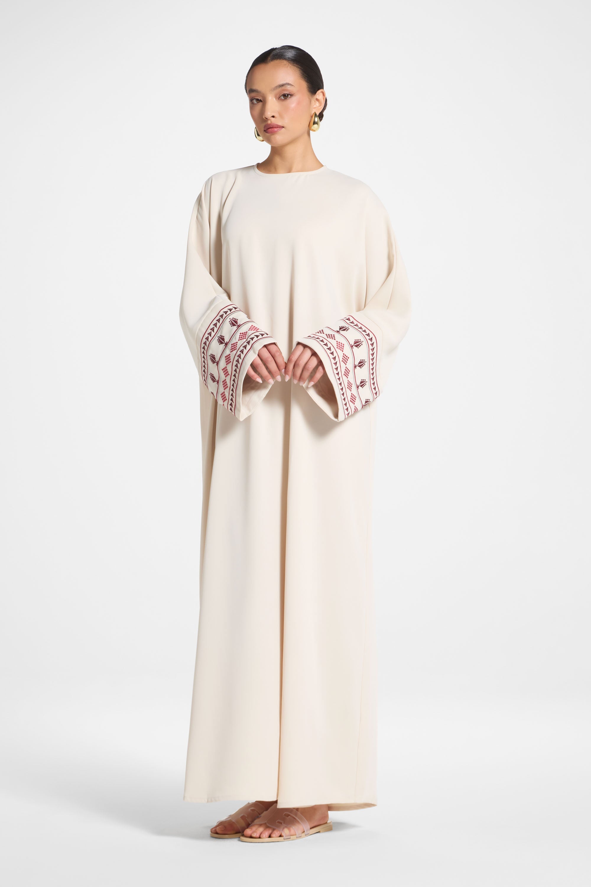 Embroidered Abaya Dress - Beige Abayas Veiled