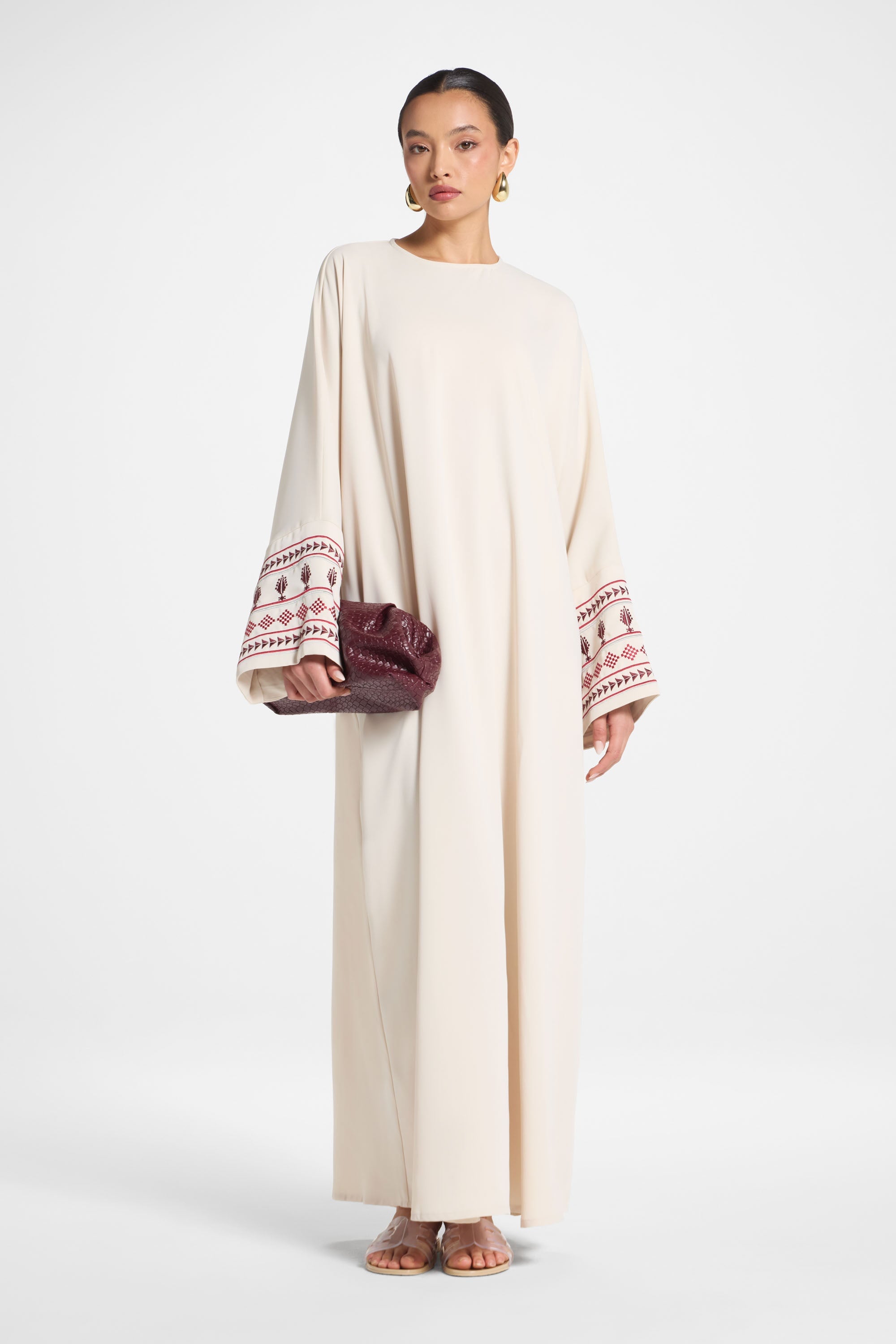 Embroidered Abaya Dress - Beige Abayas Veiled