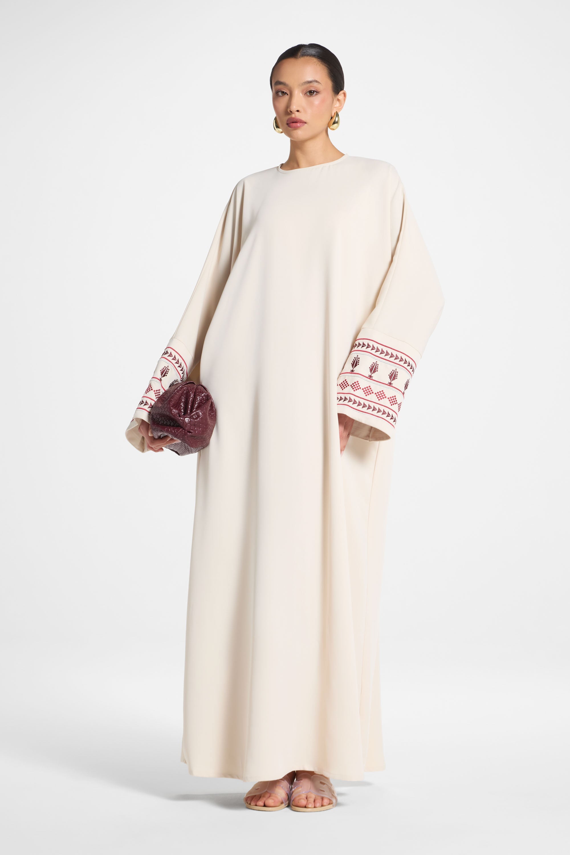 Embroidered Abaya Dress - Beige Abayas Veiled