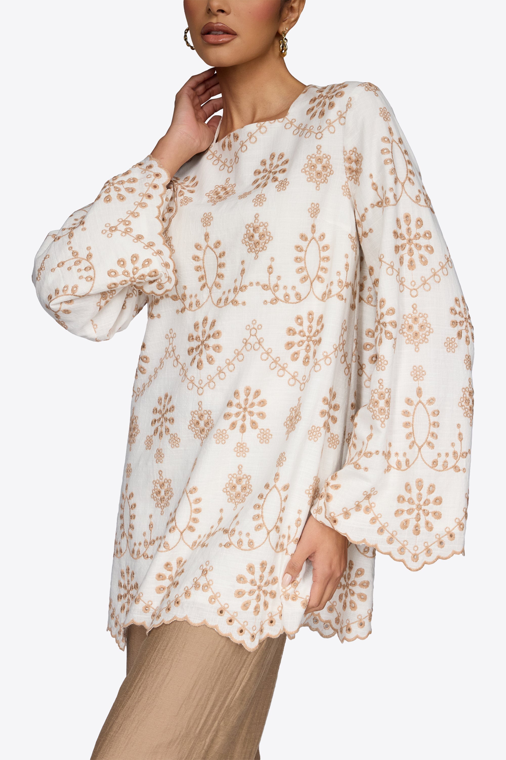 Embroidered Cotton Eyelet Tunic Top - White Dresses Veiled