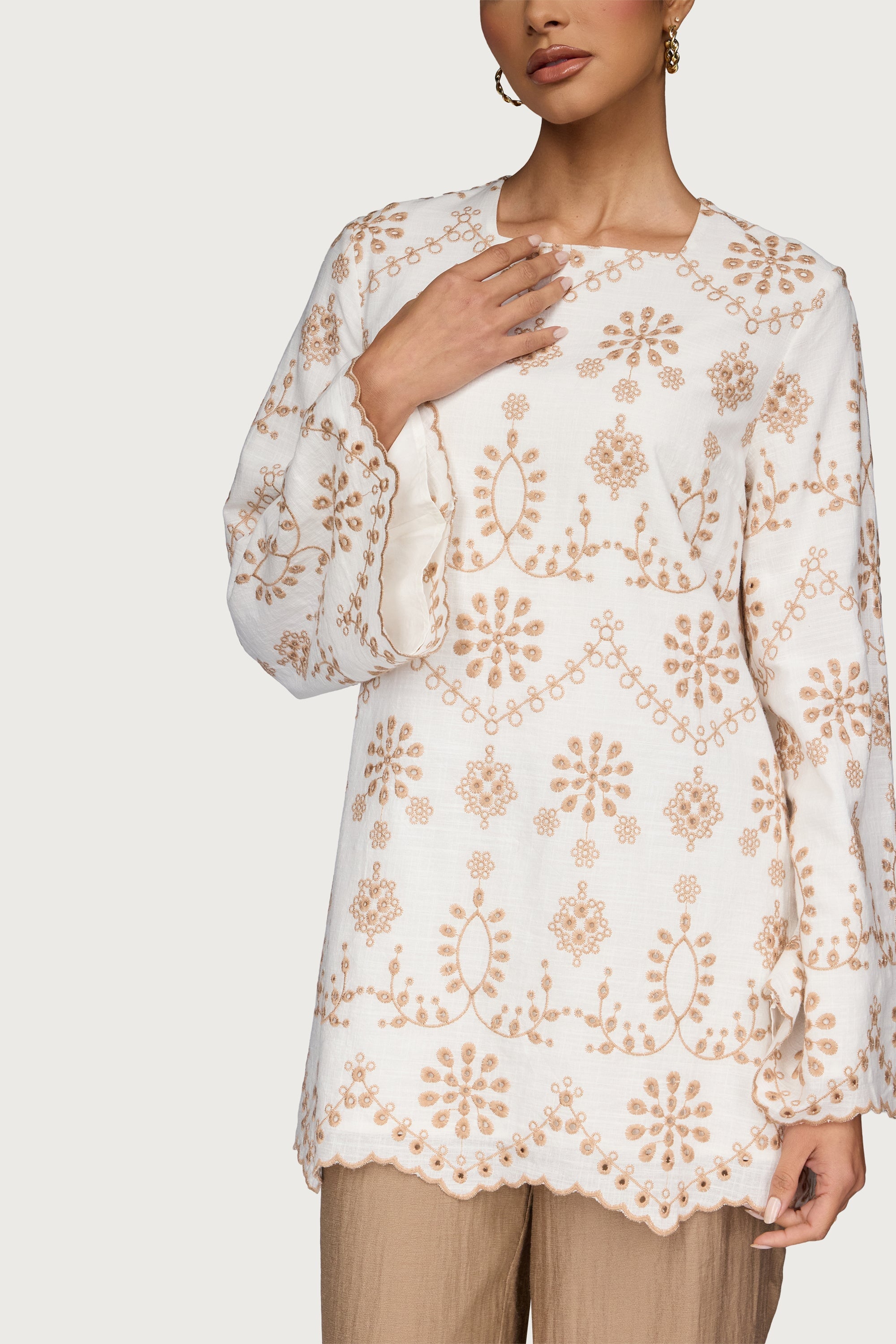 Embroidered Cotton Eyelet Tunic Top - White Dresses Veiled