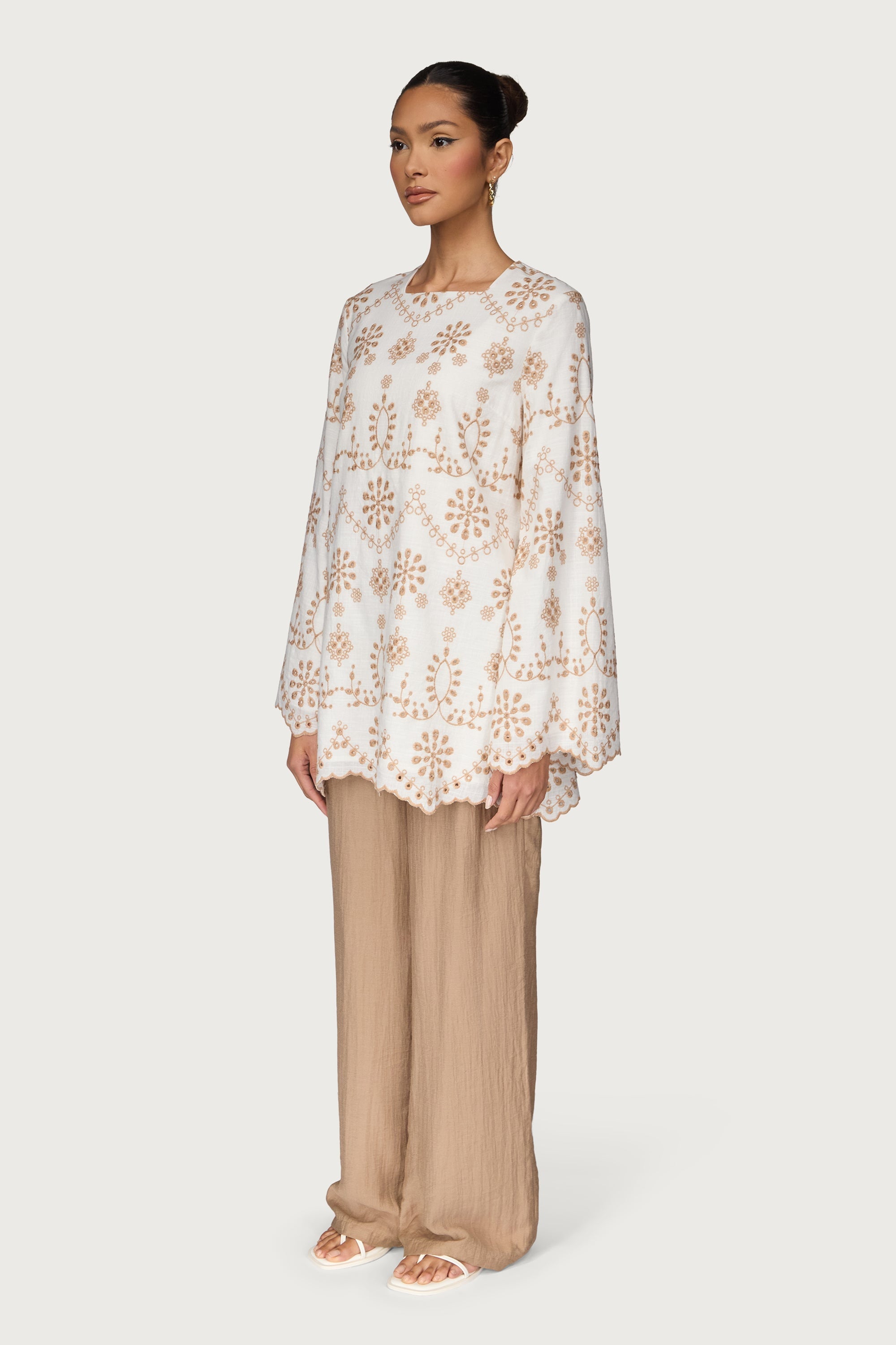 Embroidered Cotton Eyelet Tunic Top - White Dresses Veiled