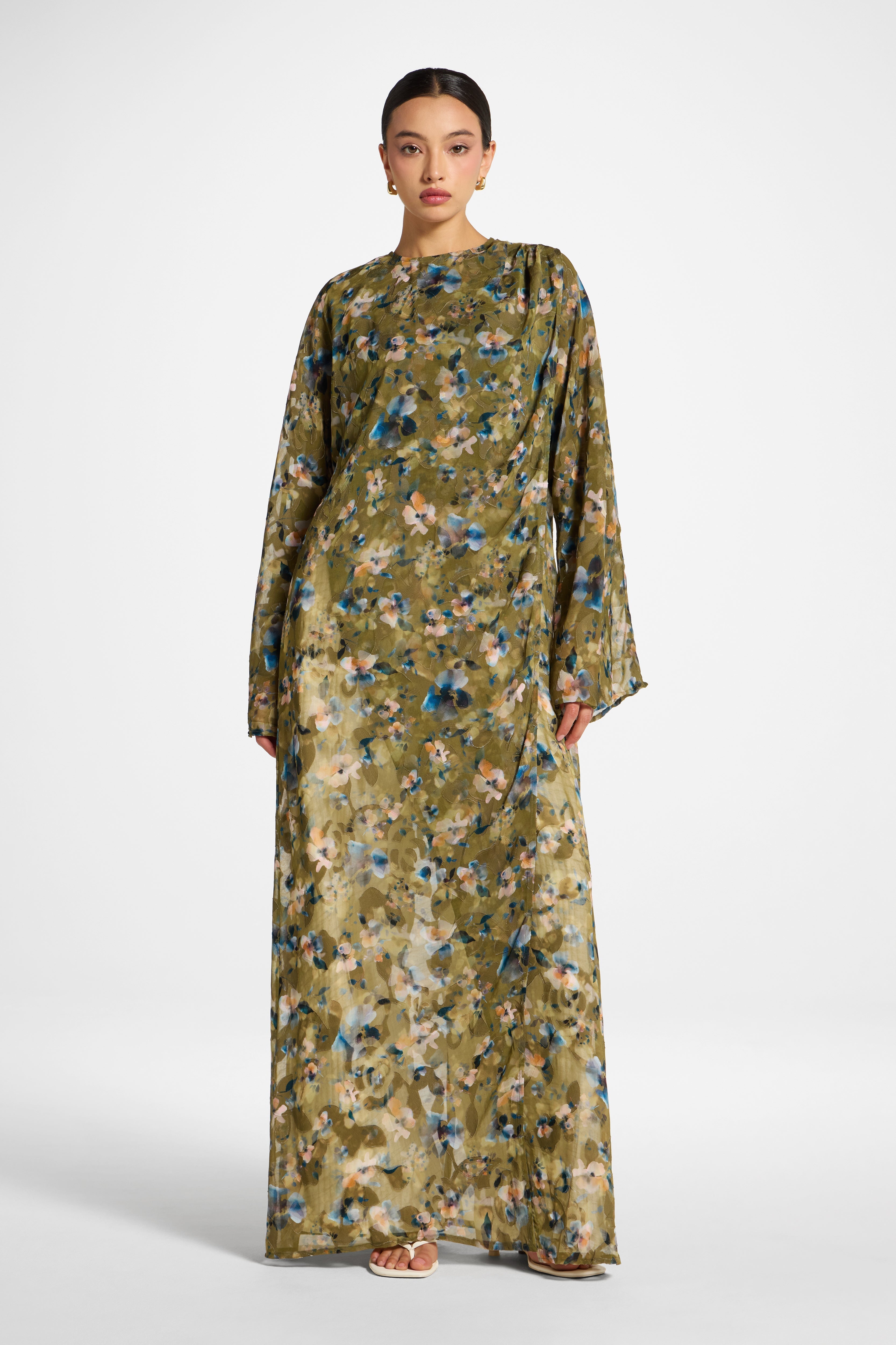 Embroidered Maxi Top Dress - Olive Bloom Dress Veiled
