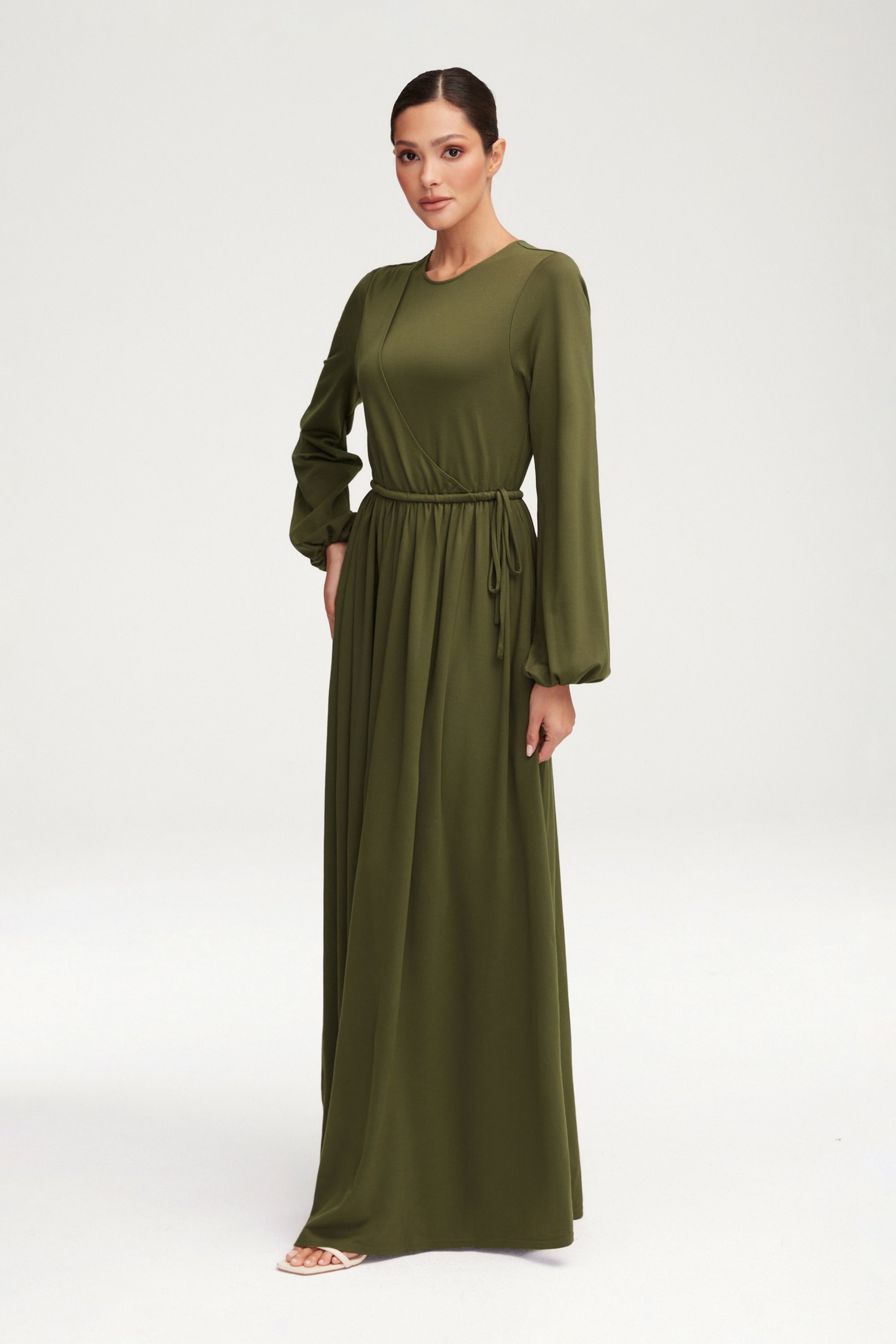 Emma Jersey Elastic Waist Maxi Dress - Khaki Green Clothing epschoolboard 