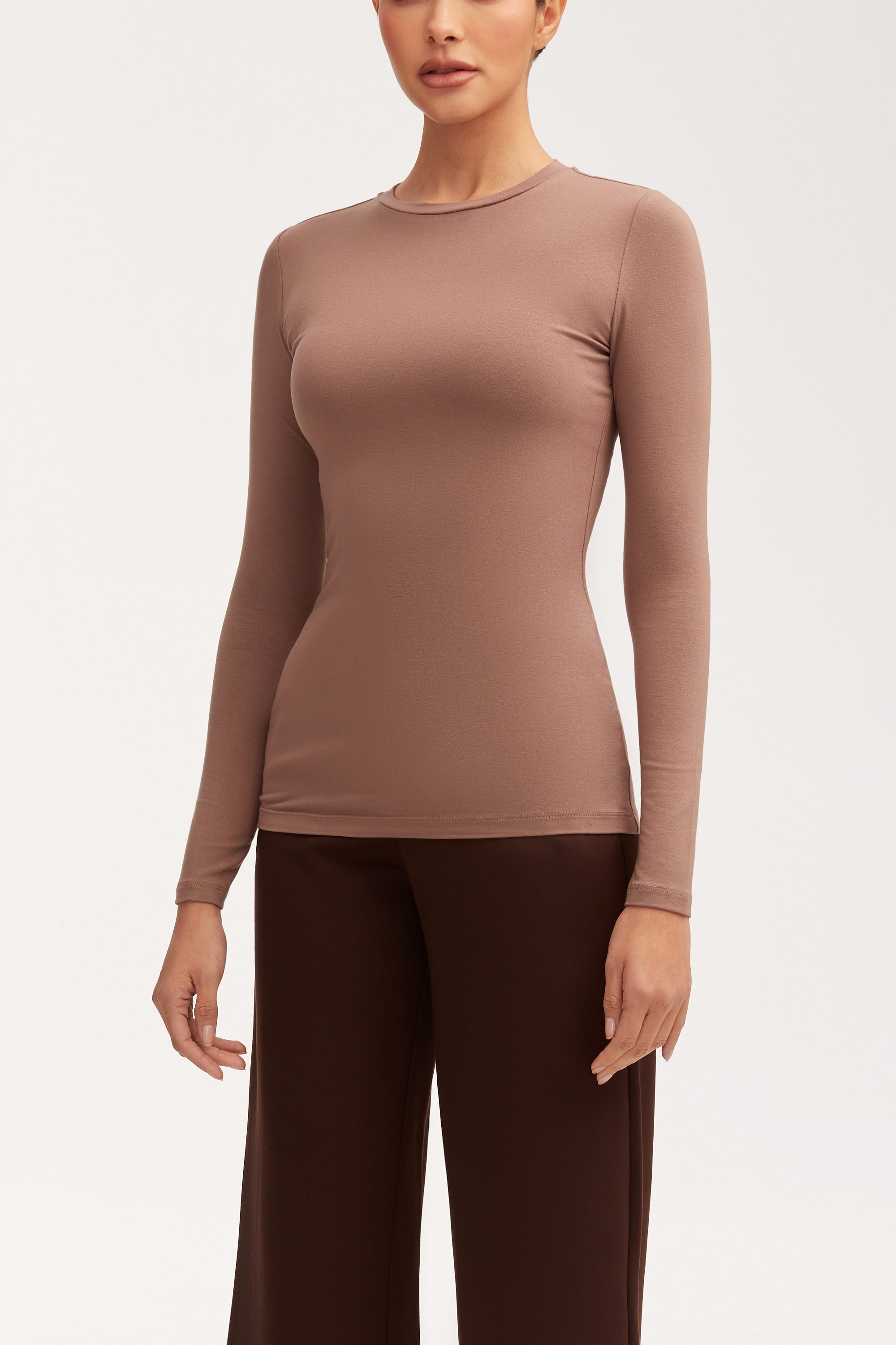 Essential Crew Neck Bamboo Jersey Top - Deep Taupe