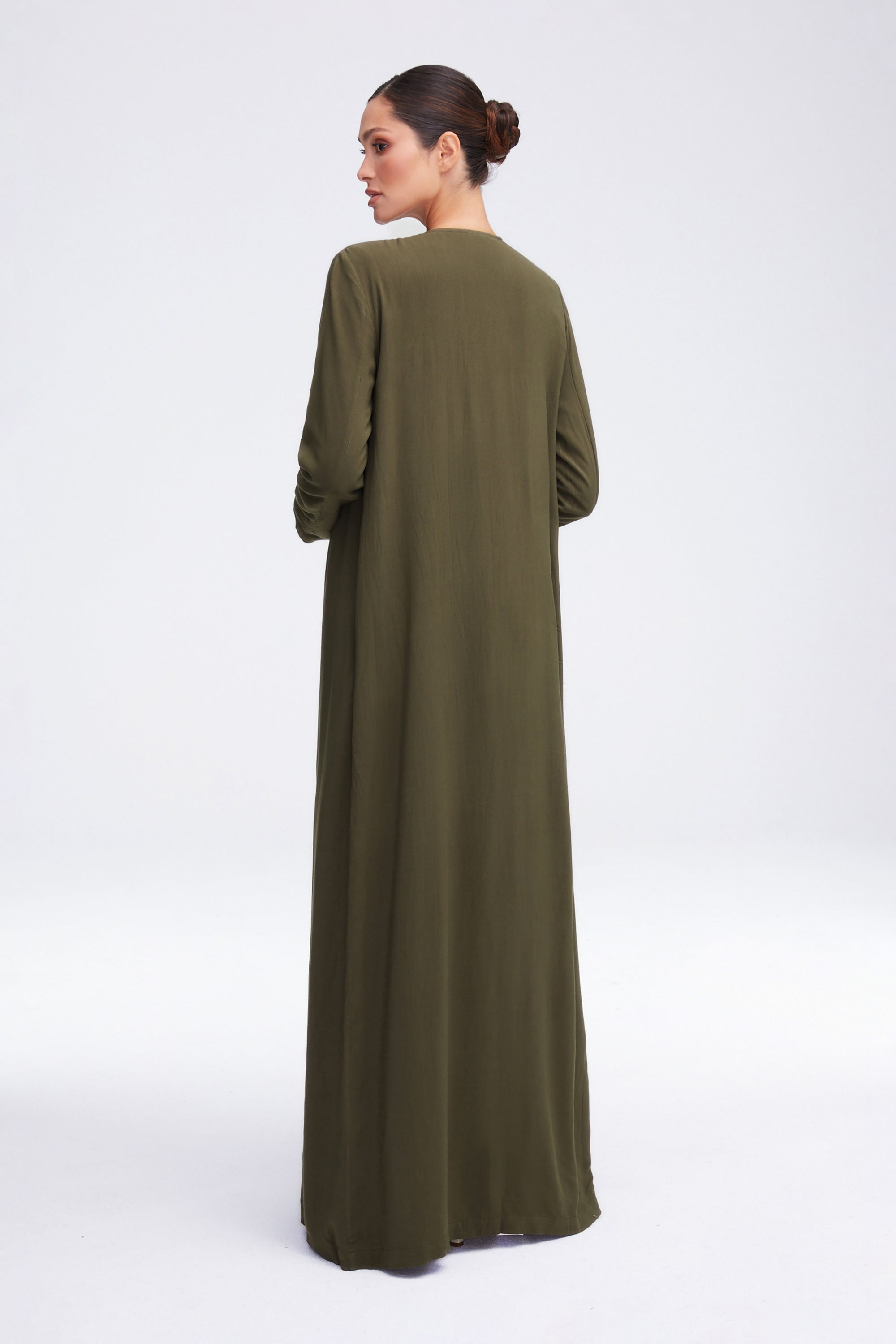 Essential Woven Open Abaya - Olive Clothing saigonodysseyhotel 