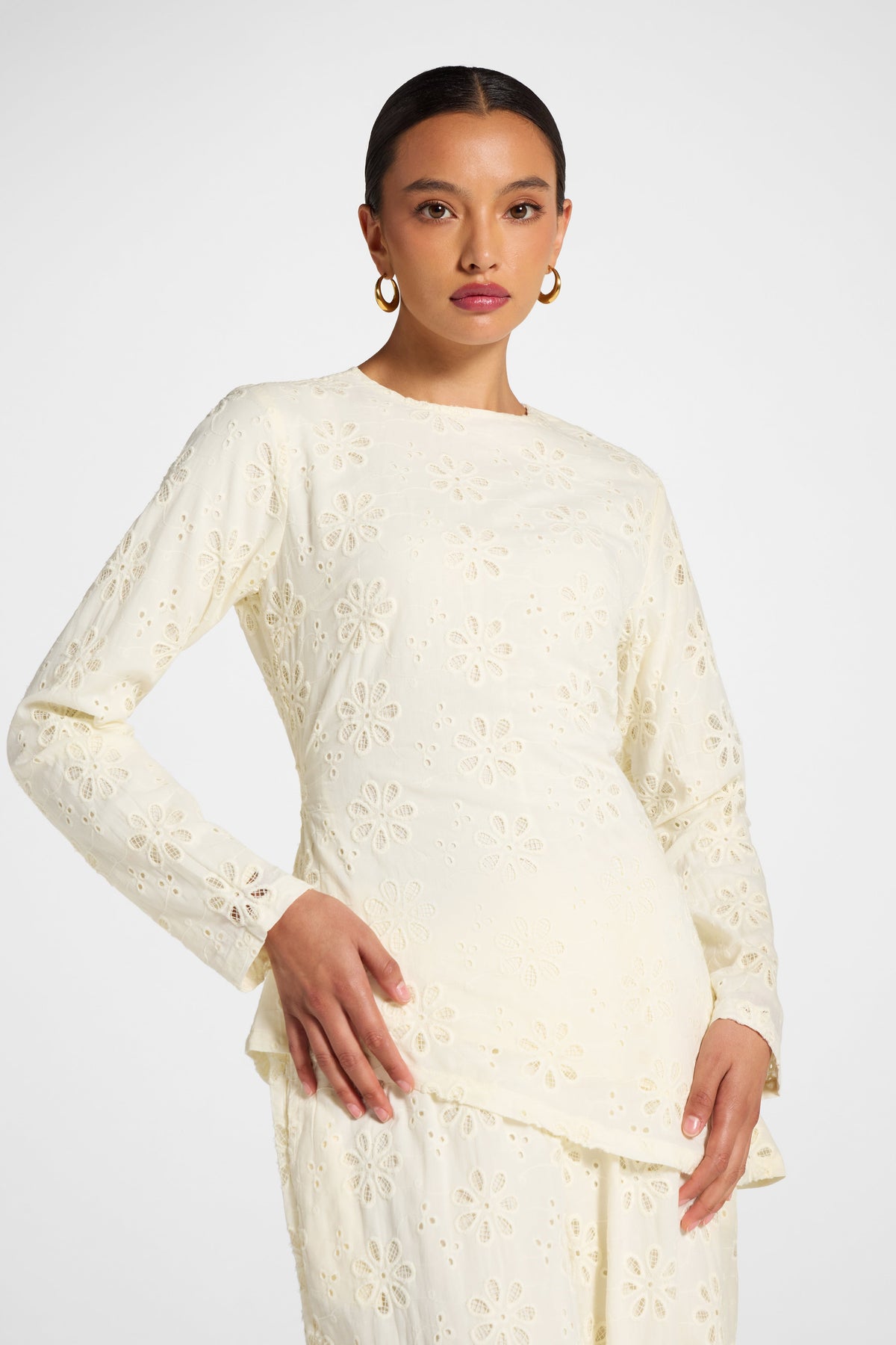 Eyelet Asymmetric Top - Coconut Milk Top Veiled