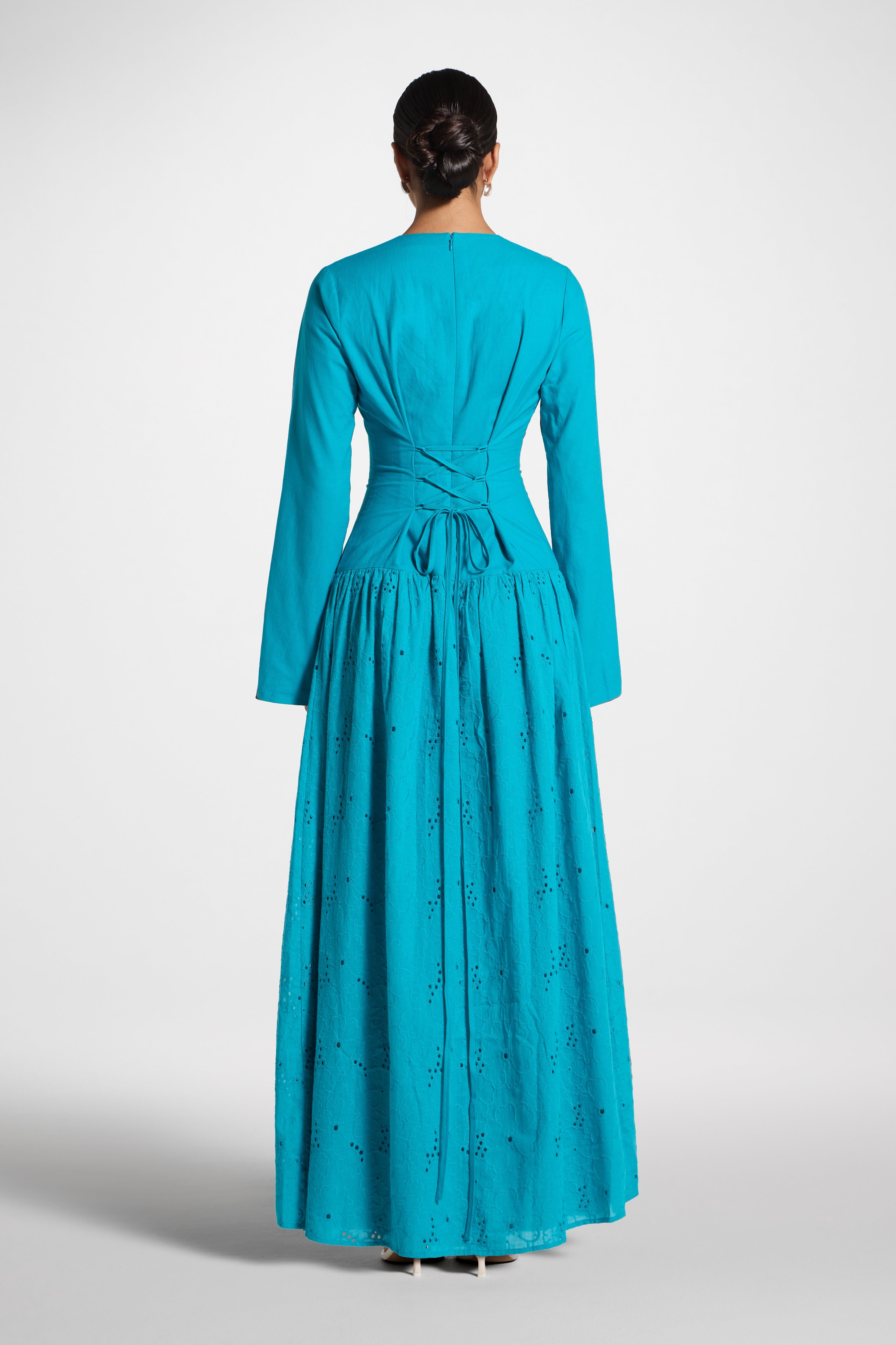 Eyelet Lace Up Maxi Dress - Cerulean Abayas Veiled