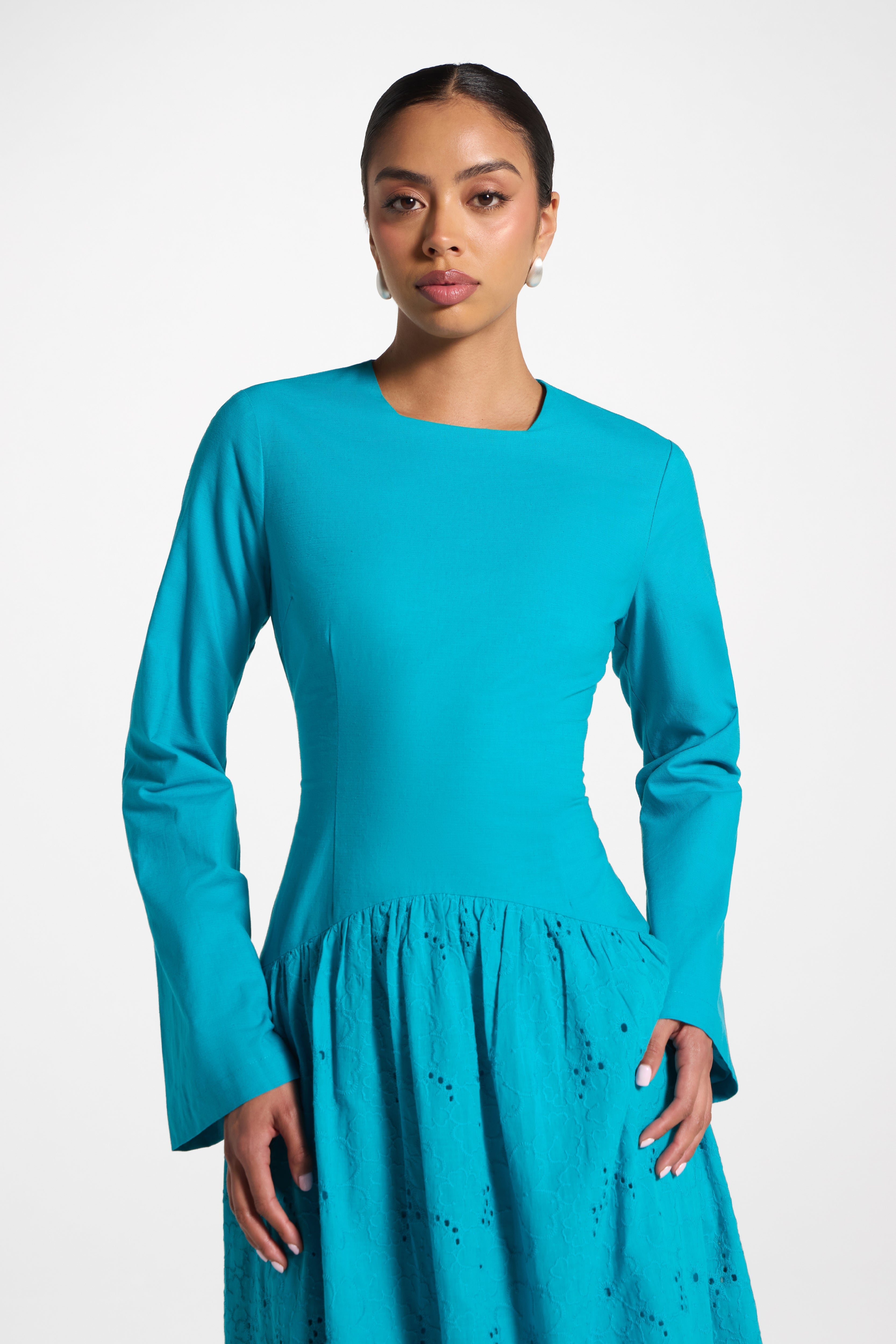 Eyelet Lace Up Maxi Dress - Cerulean Abayas Veiled