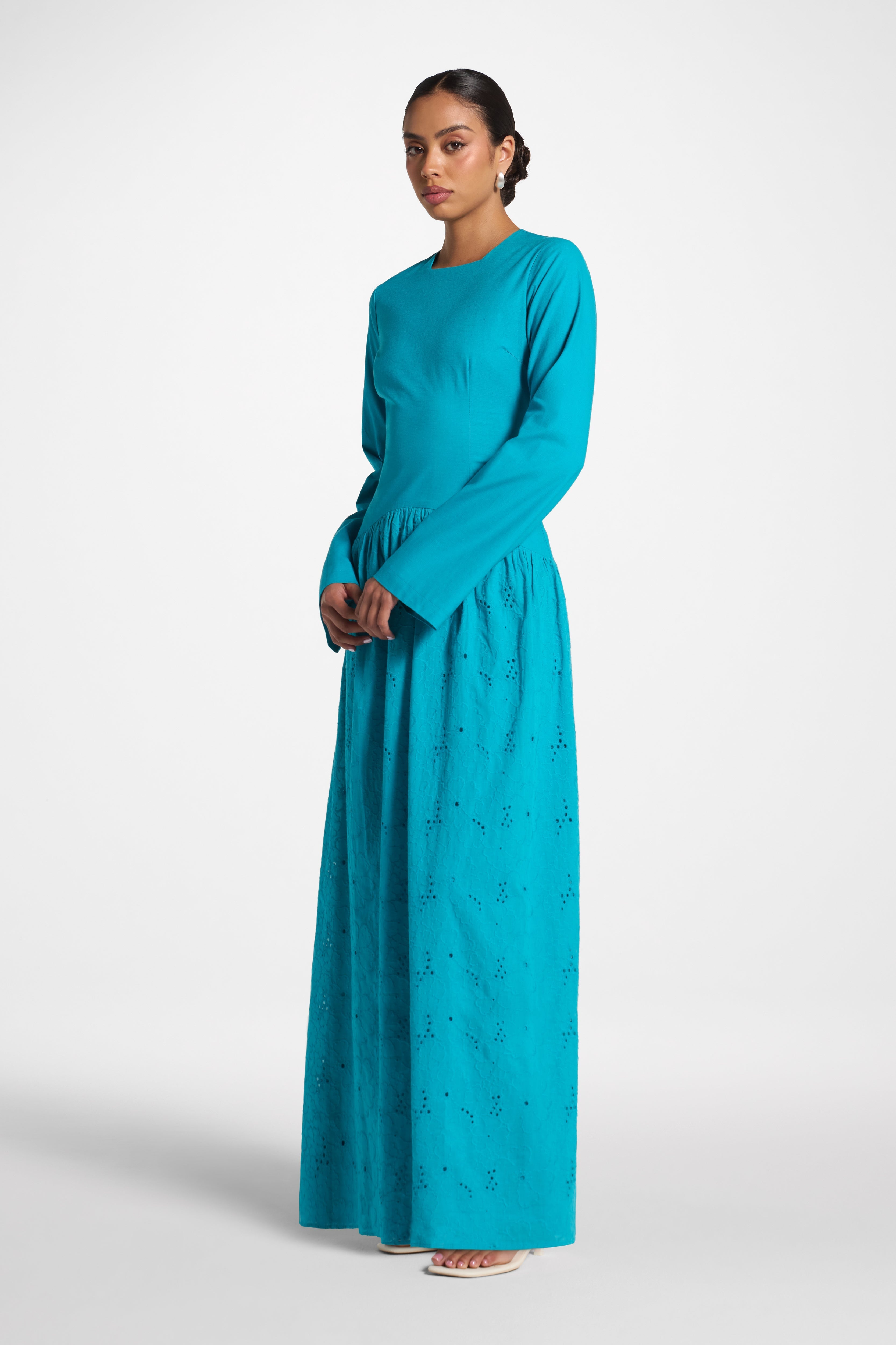 Eyelet Lace Up Maxi Dress - Cerulean Abayas Veiled