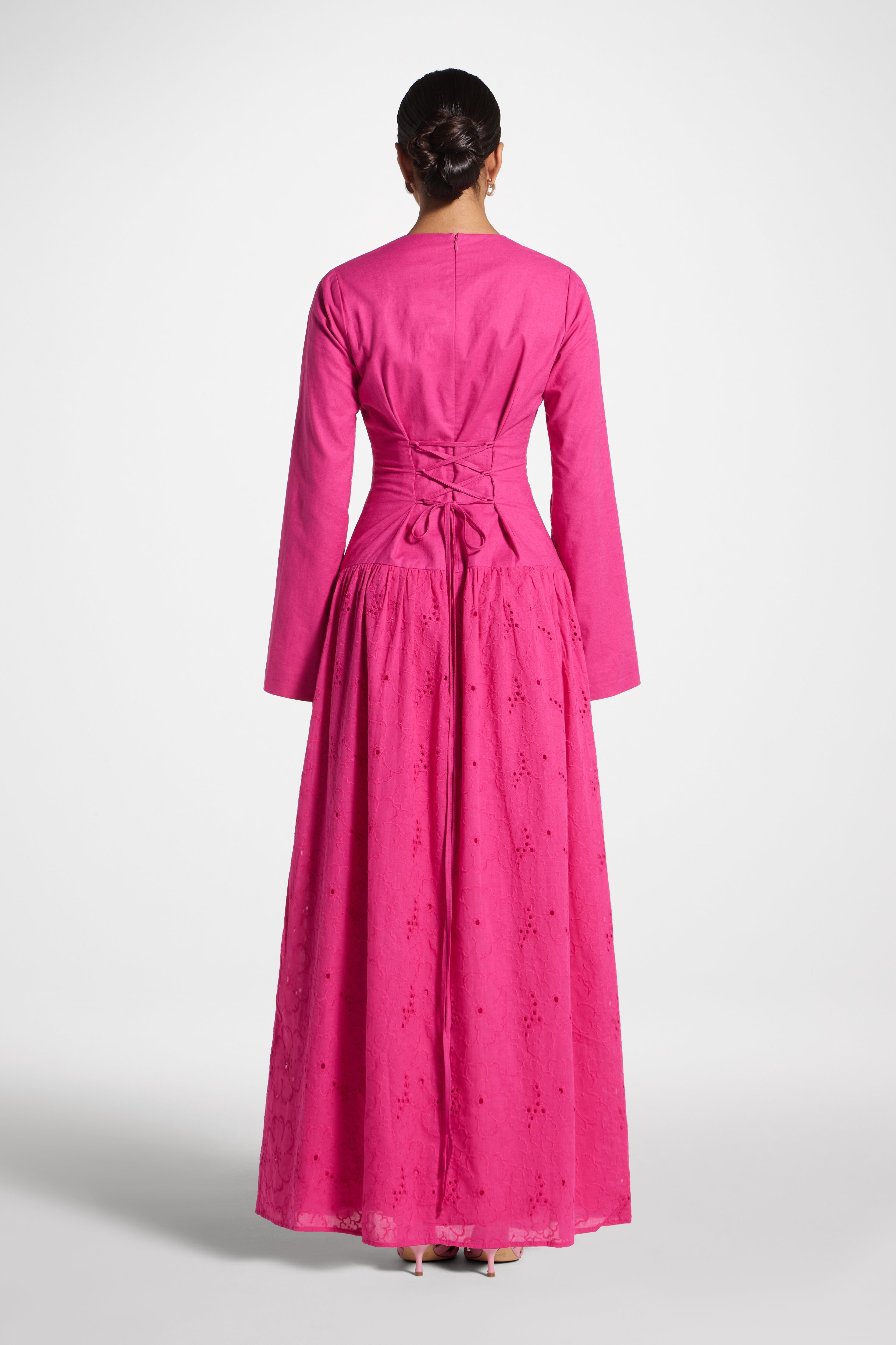 Eyelet Lace Up Maxi Dress - Magenta Abayas Veiled