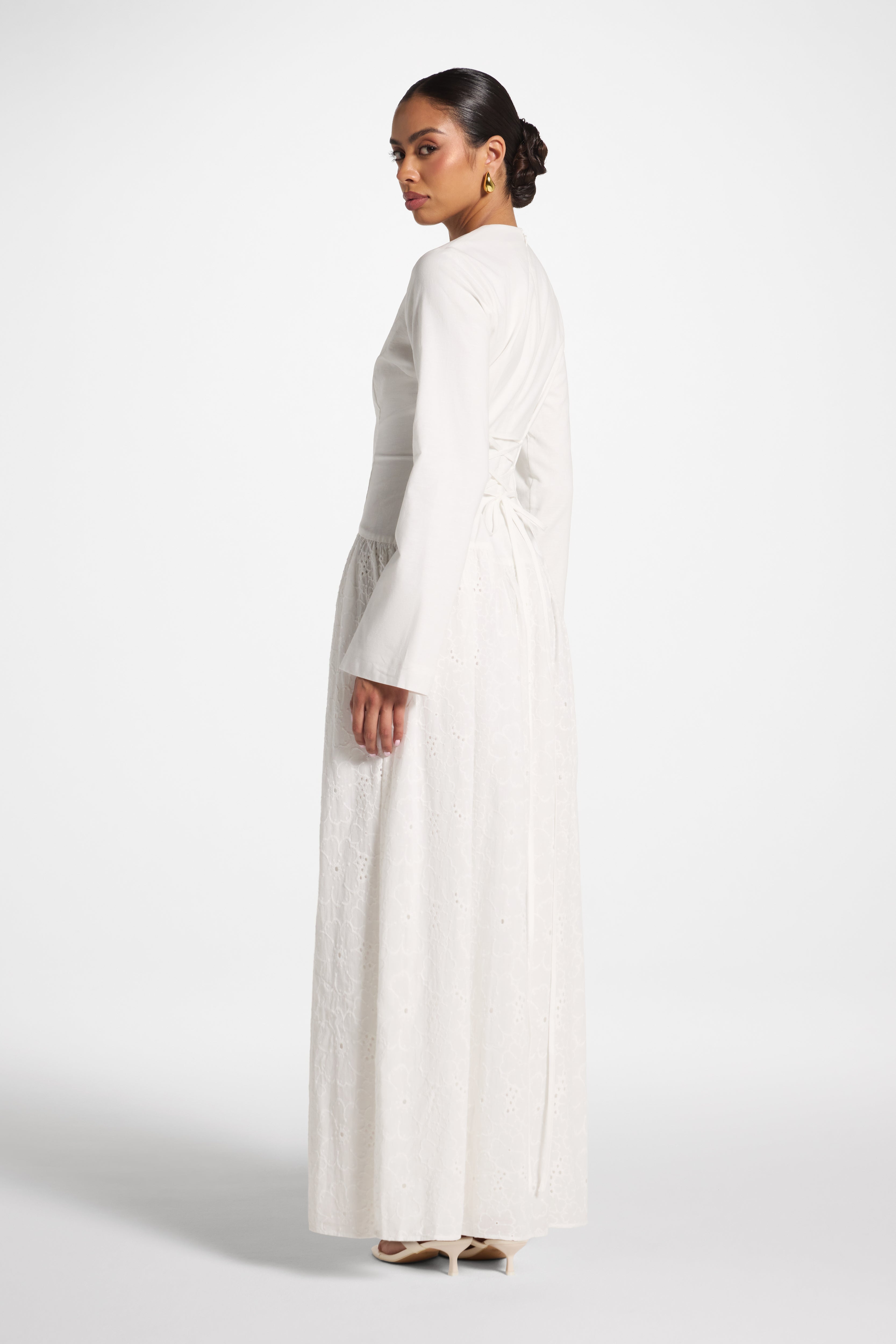 Eyelet Lace Up Maxi Dress - White Abayas Veiled