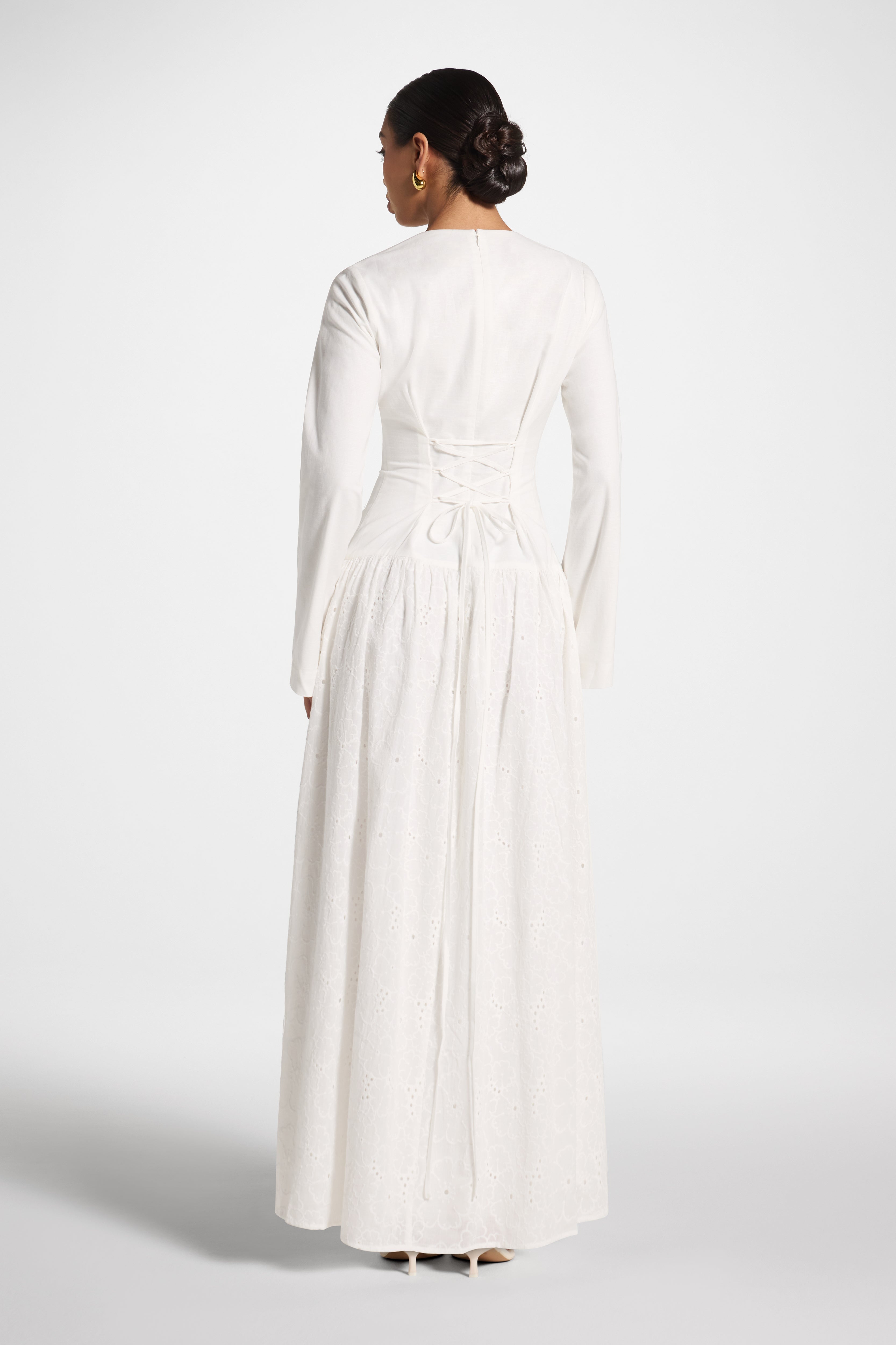 Eyelet Lace Up Maxi Dress - White Abayas Veiled