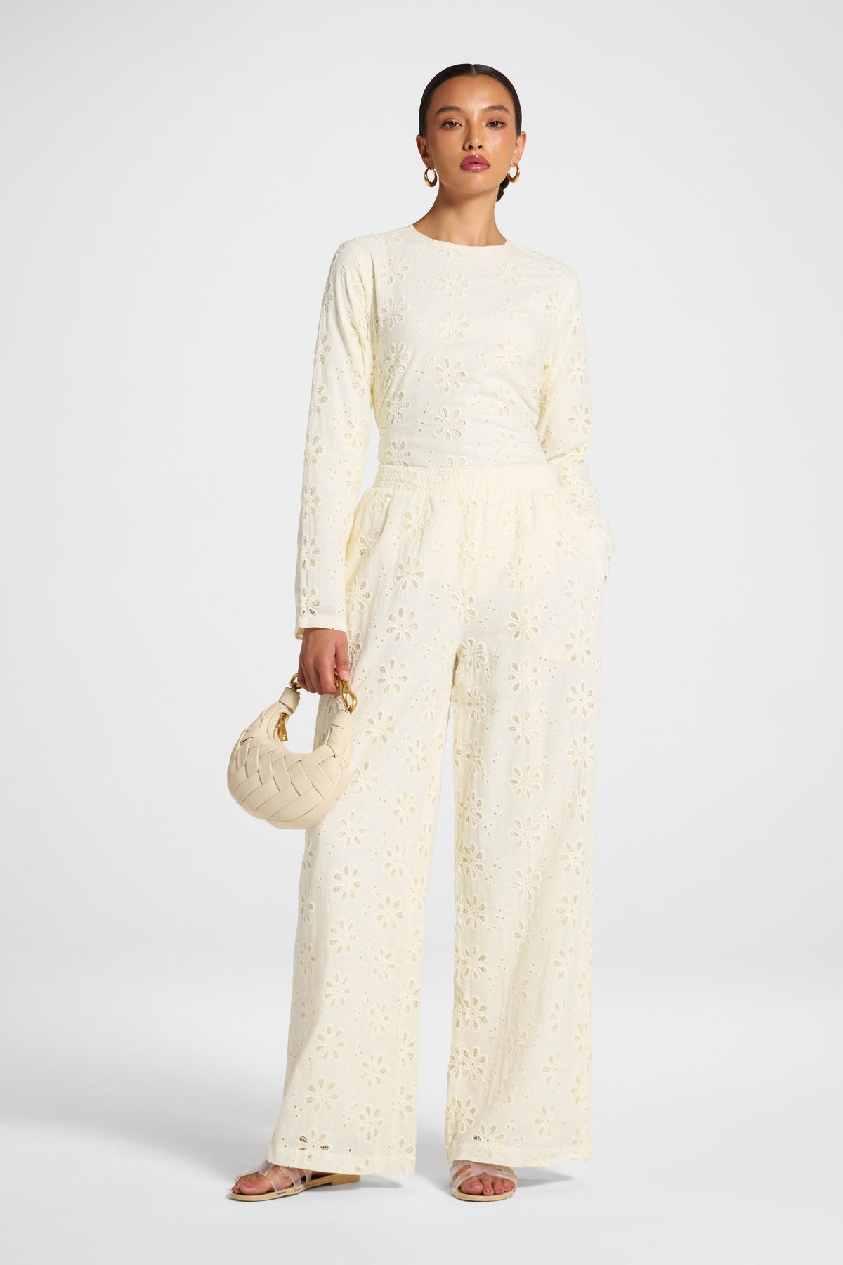 Eyelet Wide Leg Pant - Coconut Milk Pants Veiled