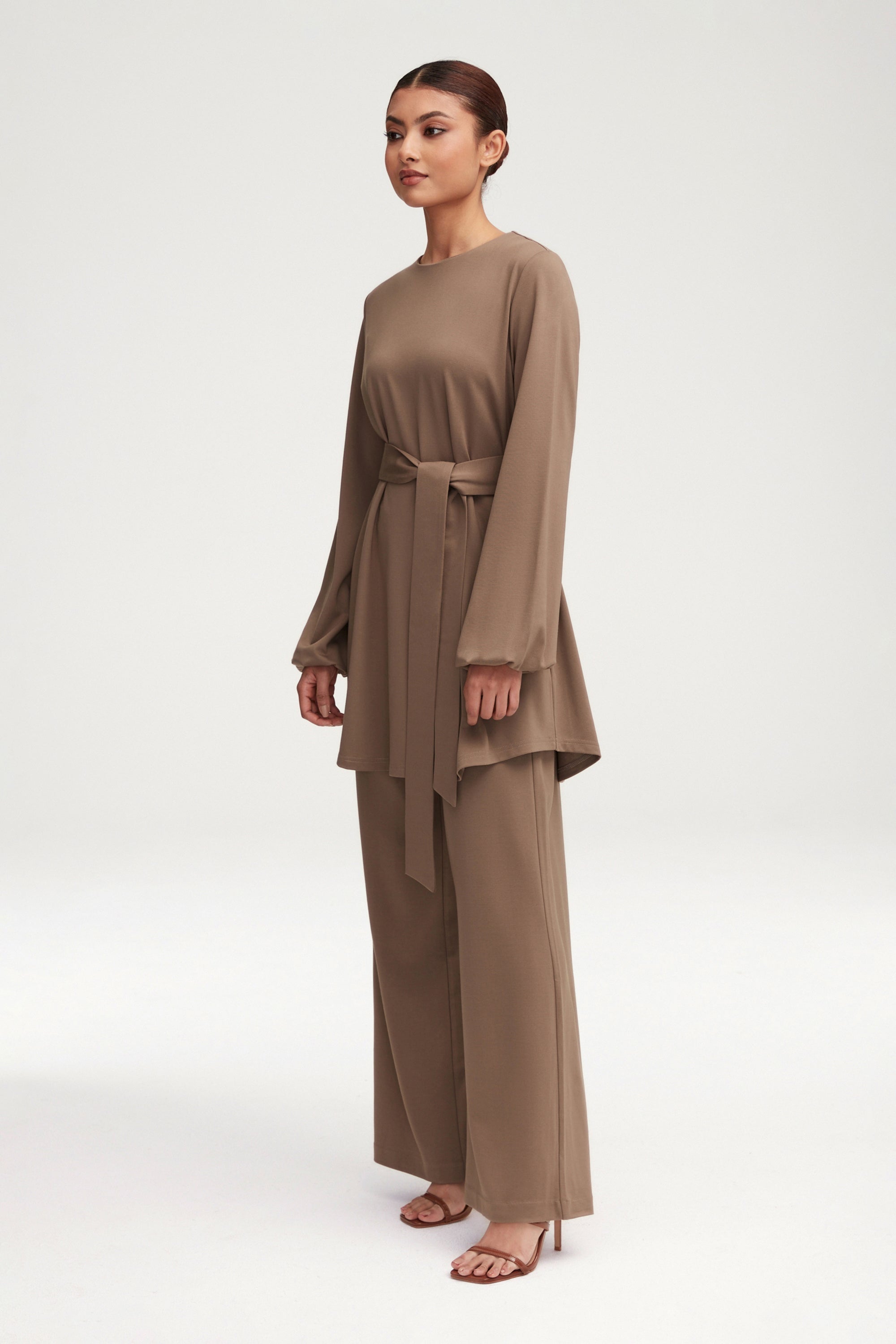 Fatima Everyday Belted Jersey Top - Dark Taupe Clothing Veiled 