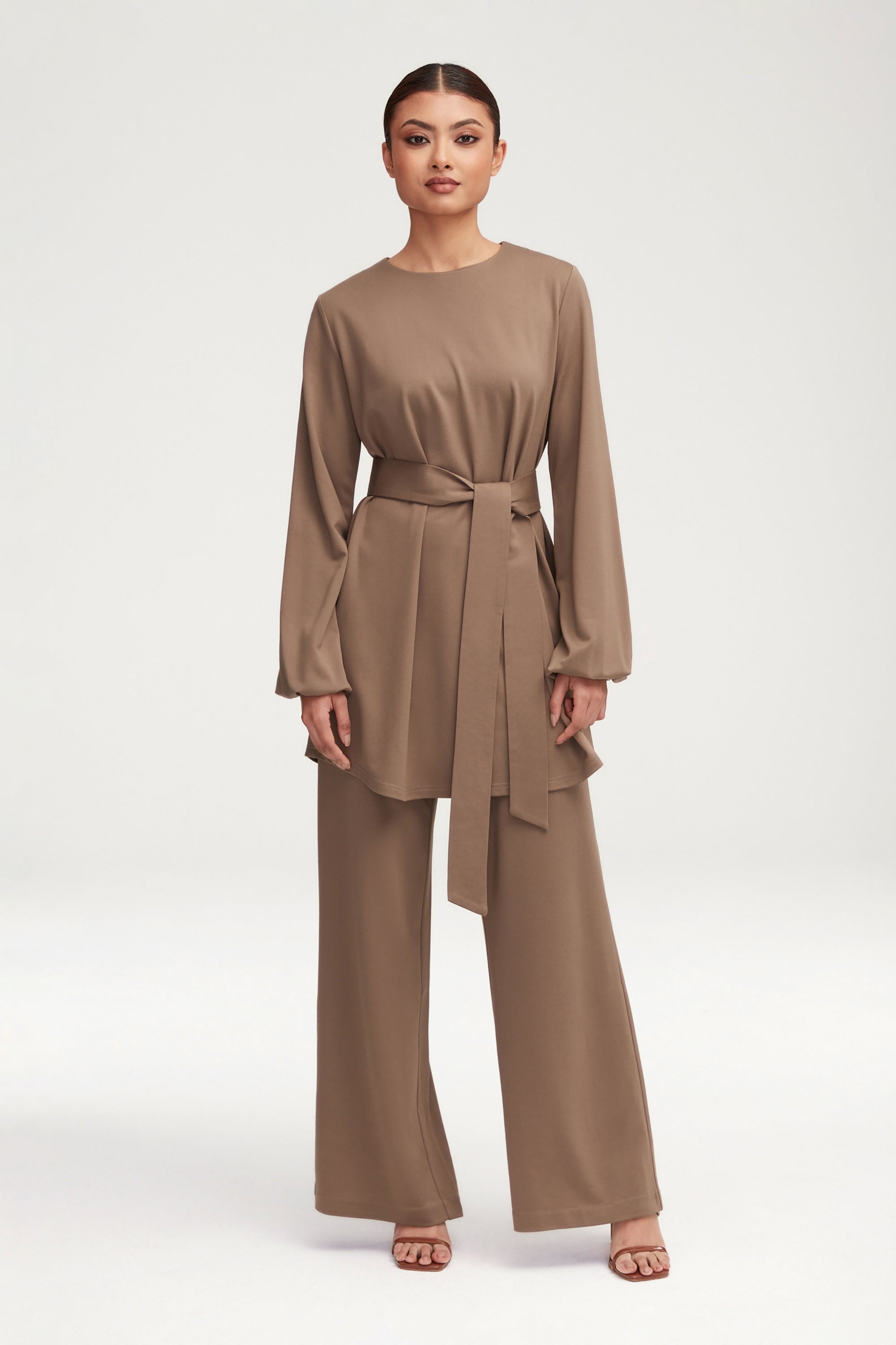 Fatima Everyday Belted Jersey Top - Dark Taupe Clothing Veiled 