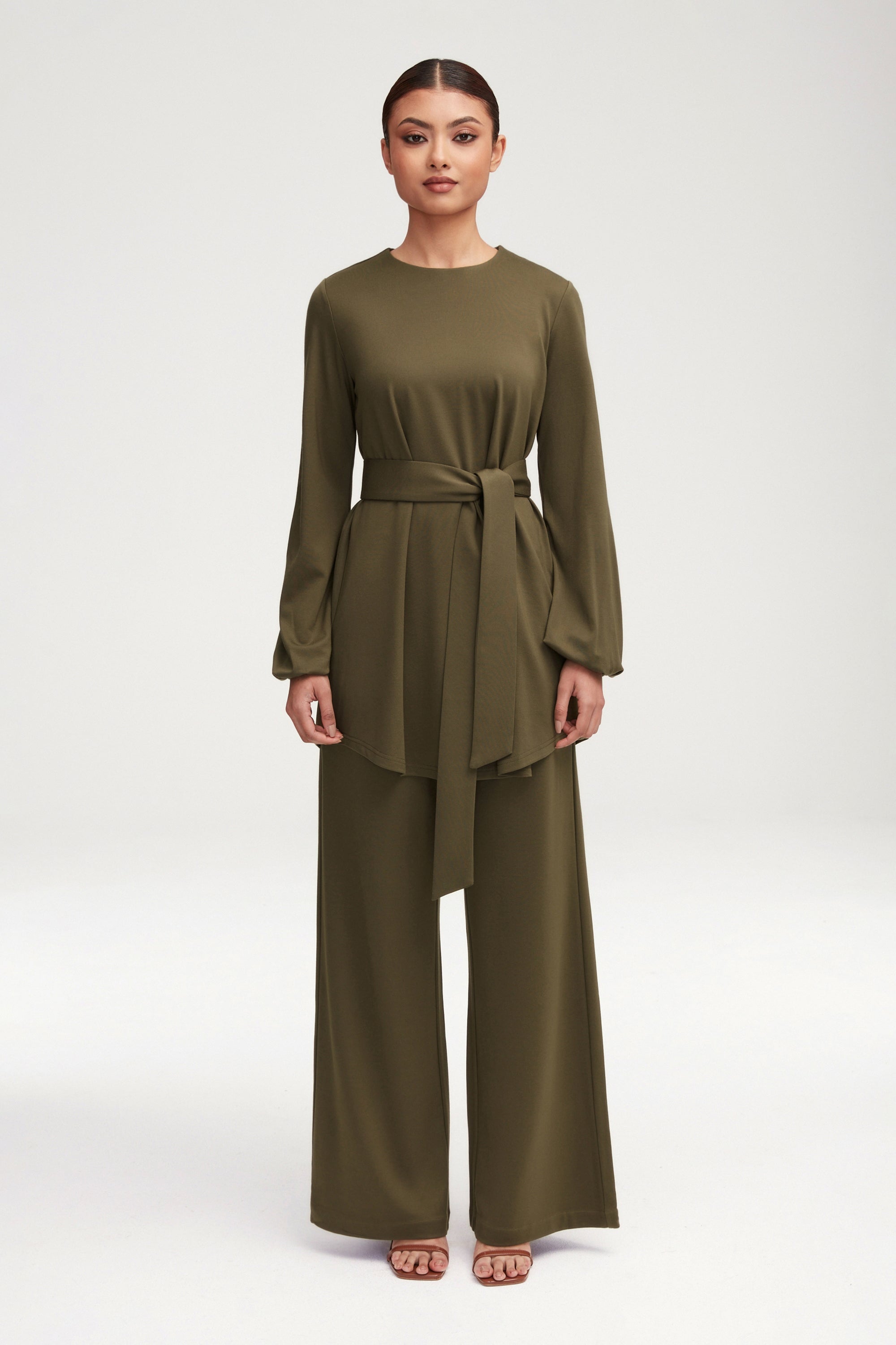 Fatima Everyday Belted Jersey Top - Olive Clothing Veiled 