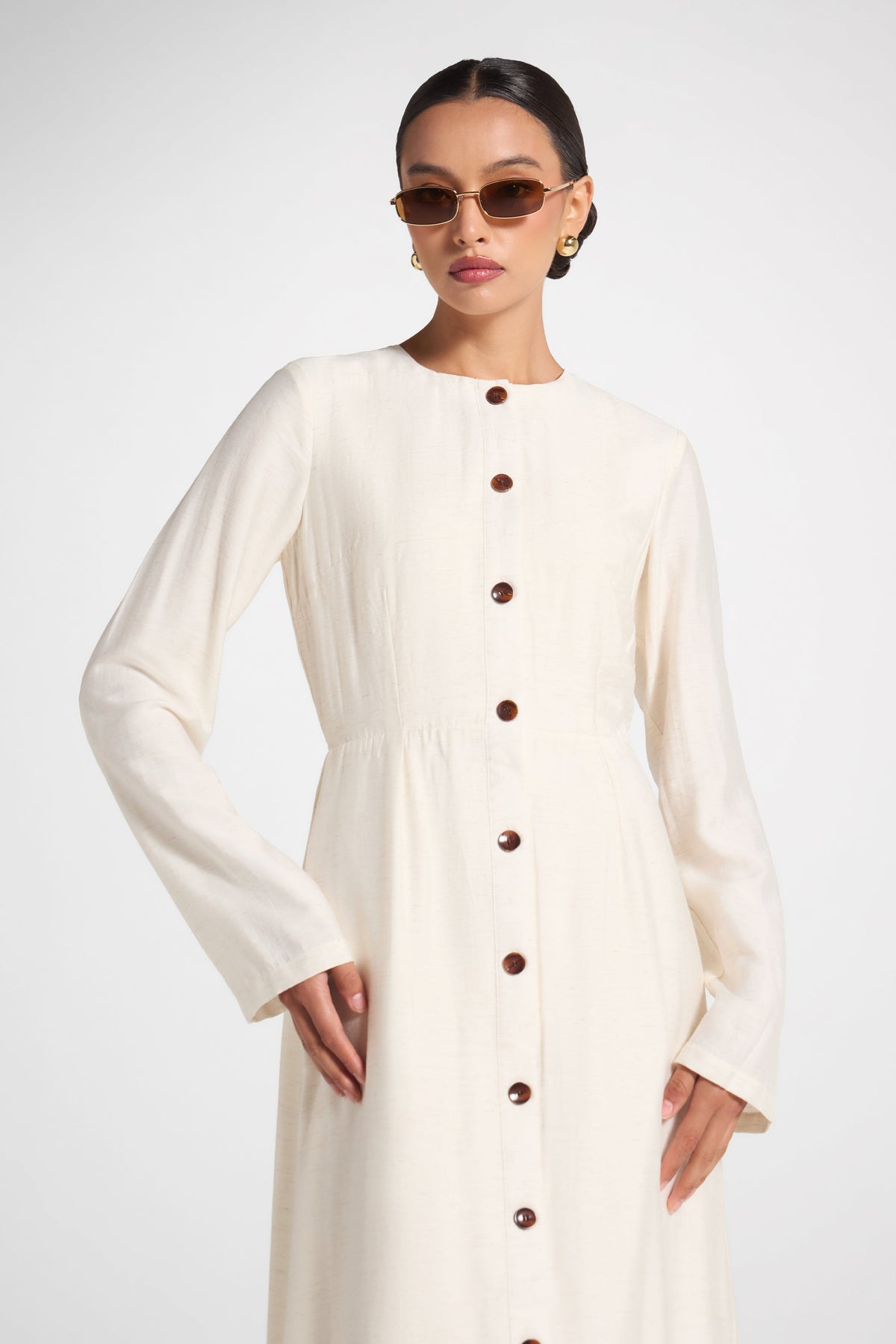 Faux Button Front Maxi Dress - Natural Dress Veiled
