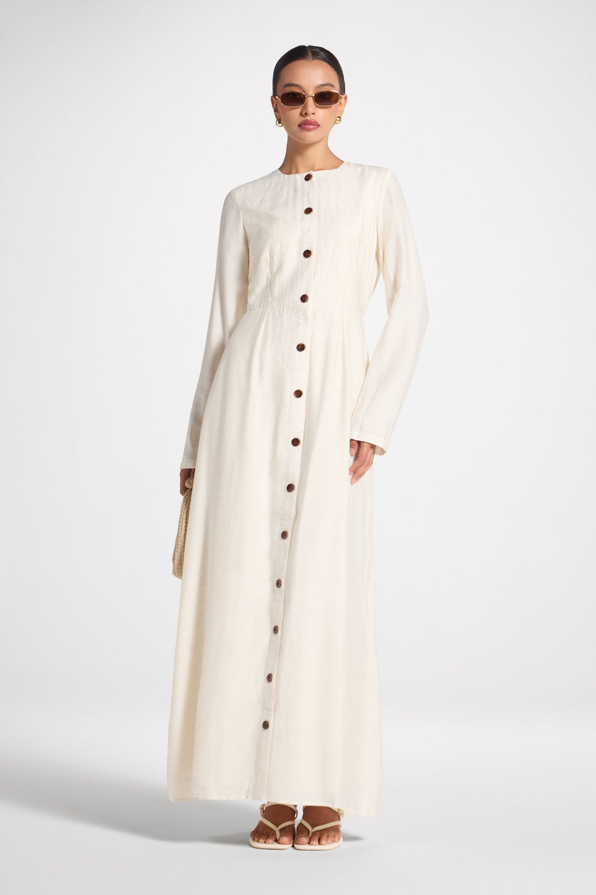 Faux Button Front Maxi Dress - Natural Dress Veiled
