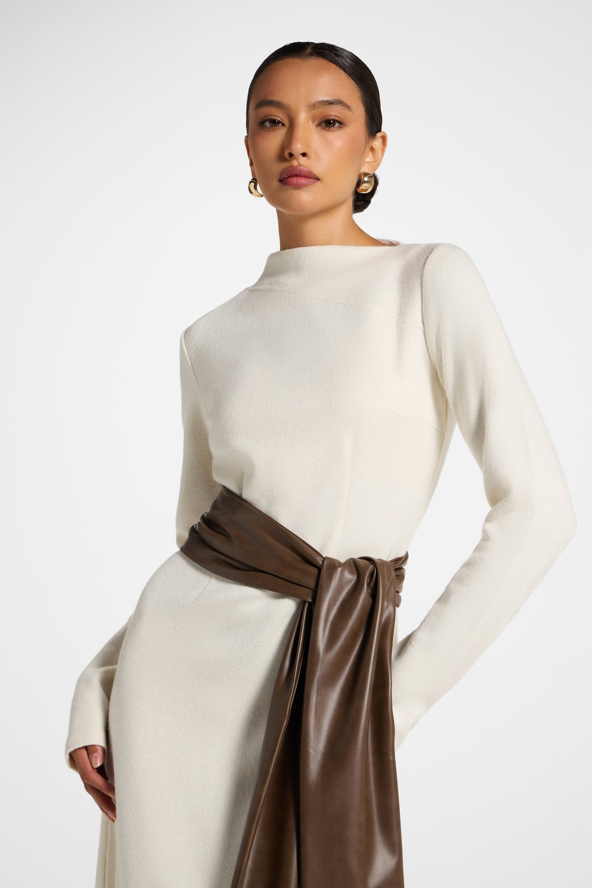 Faux Wrap Sweater Dress - Beige Dress Veiled
