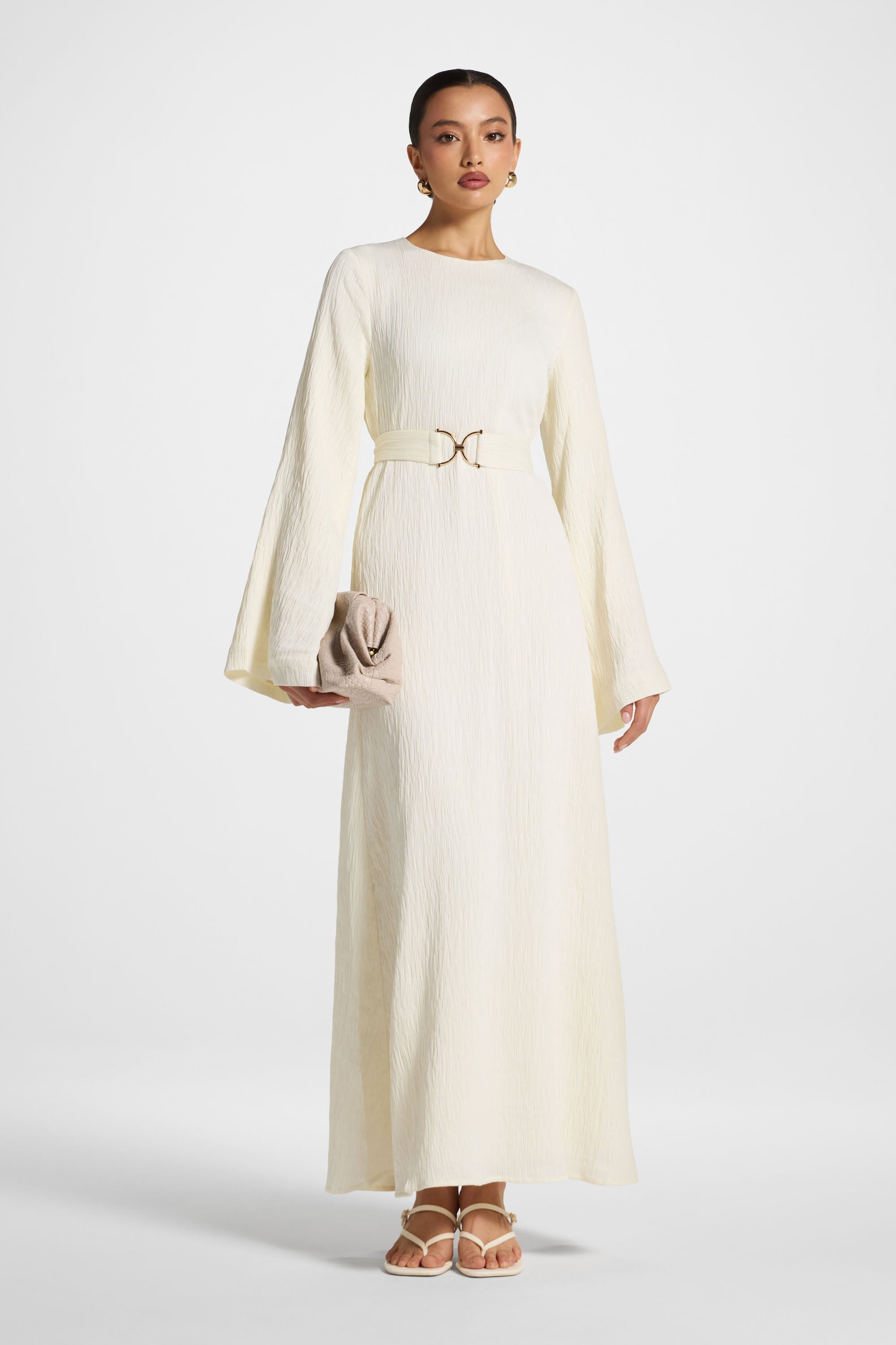 Flare Sleeve Maxi Dress - White Abayas Veiled
