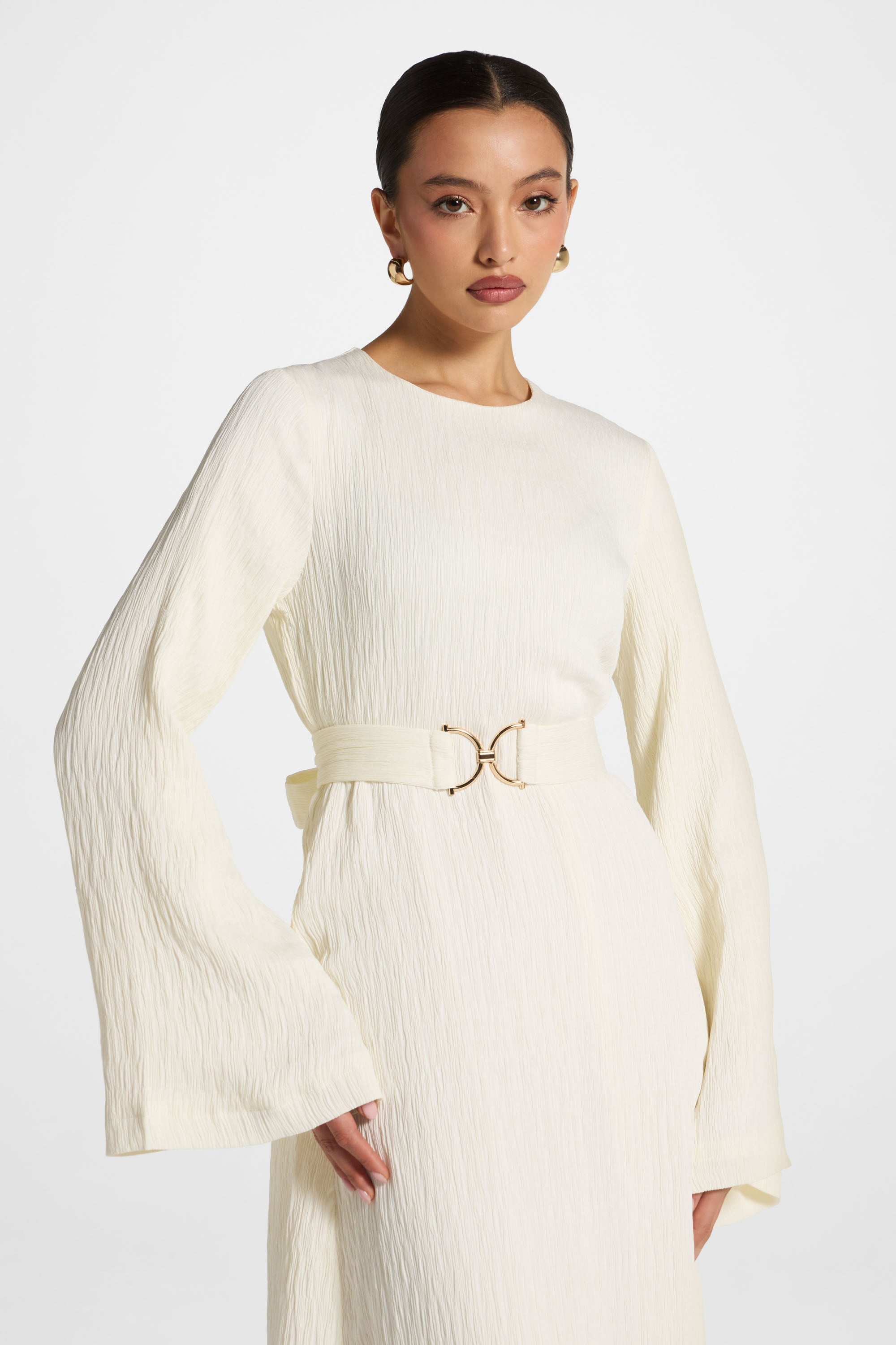 Flare Sleeve Maxi Dress - White Abayas Veiled