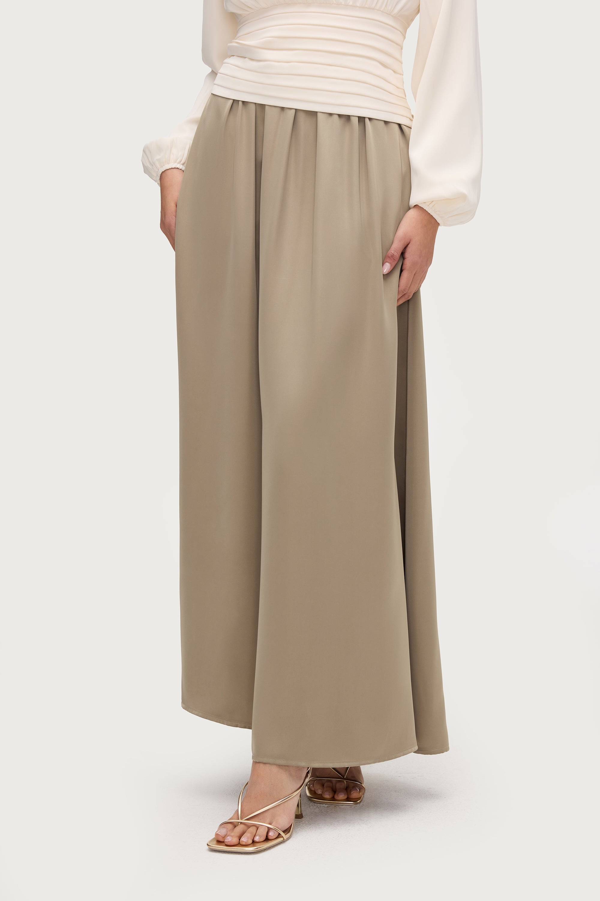 Flowy Satin Maxi Skirt - Sage Dresses Veiled