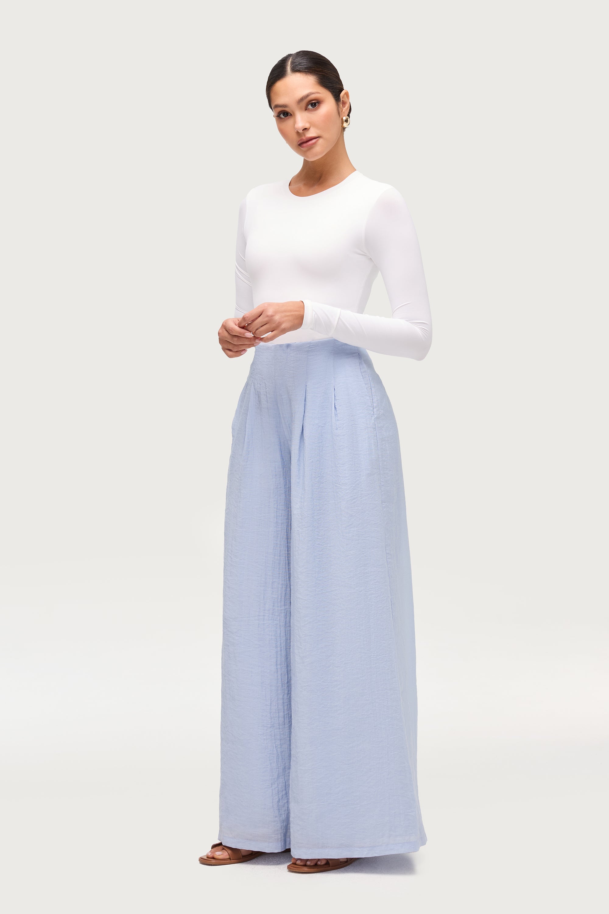 Front Pleat Palazzo Wide Leg Pants - Aura Blue Dresses Veiled