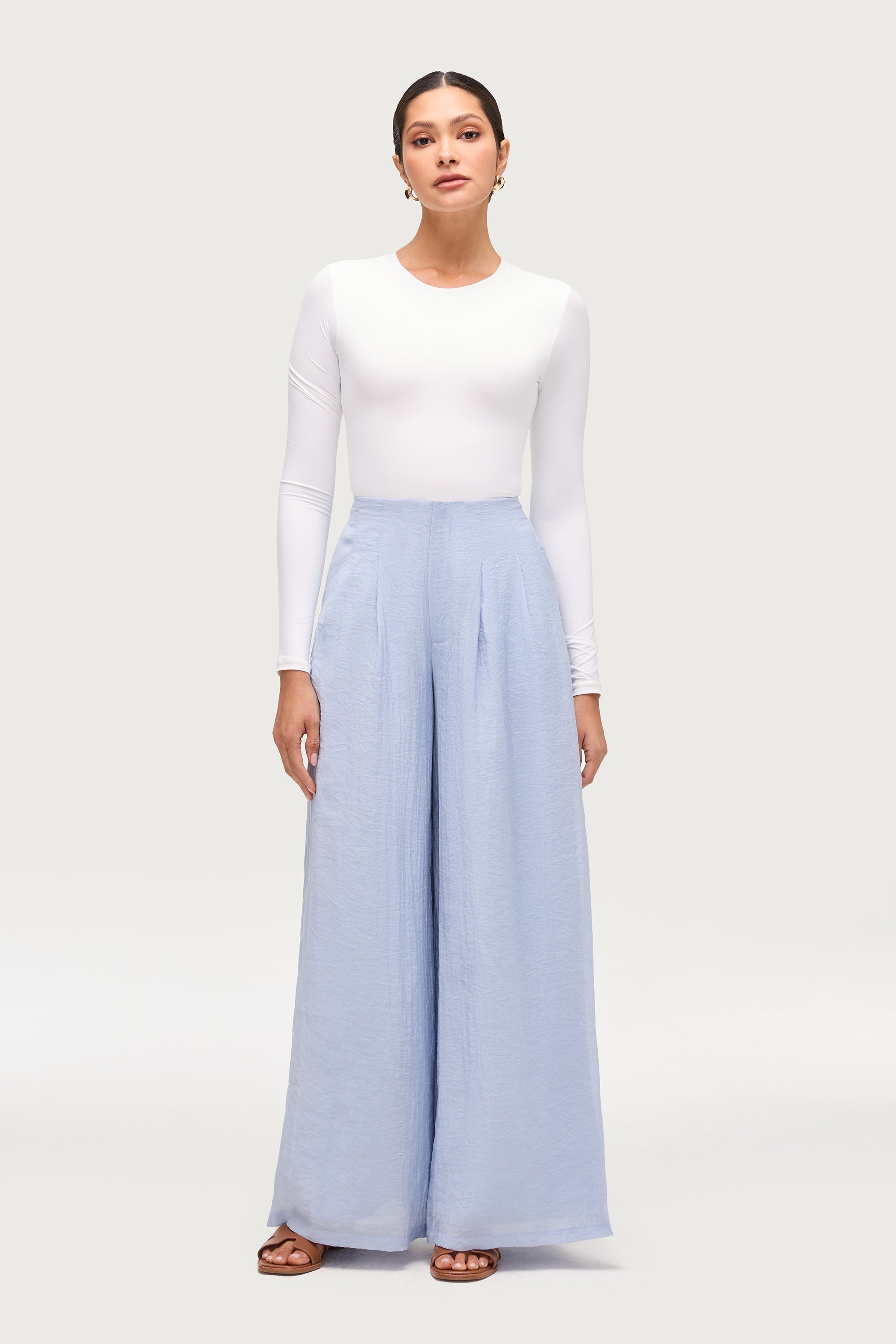 Front Pleat Palazzo Wide Leg Pants - Aura Blue Dresses Veiled