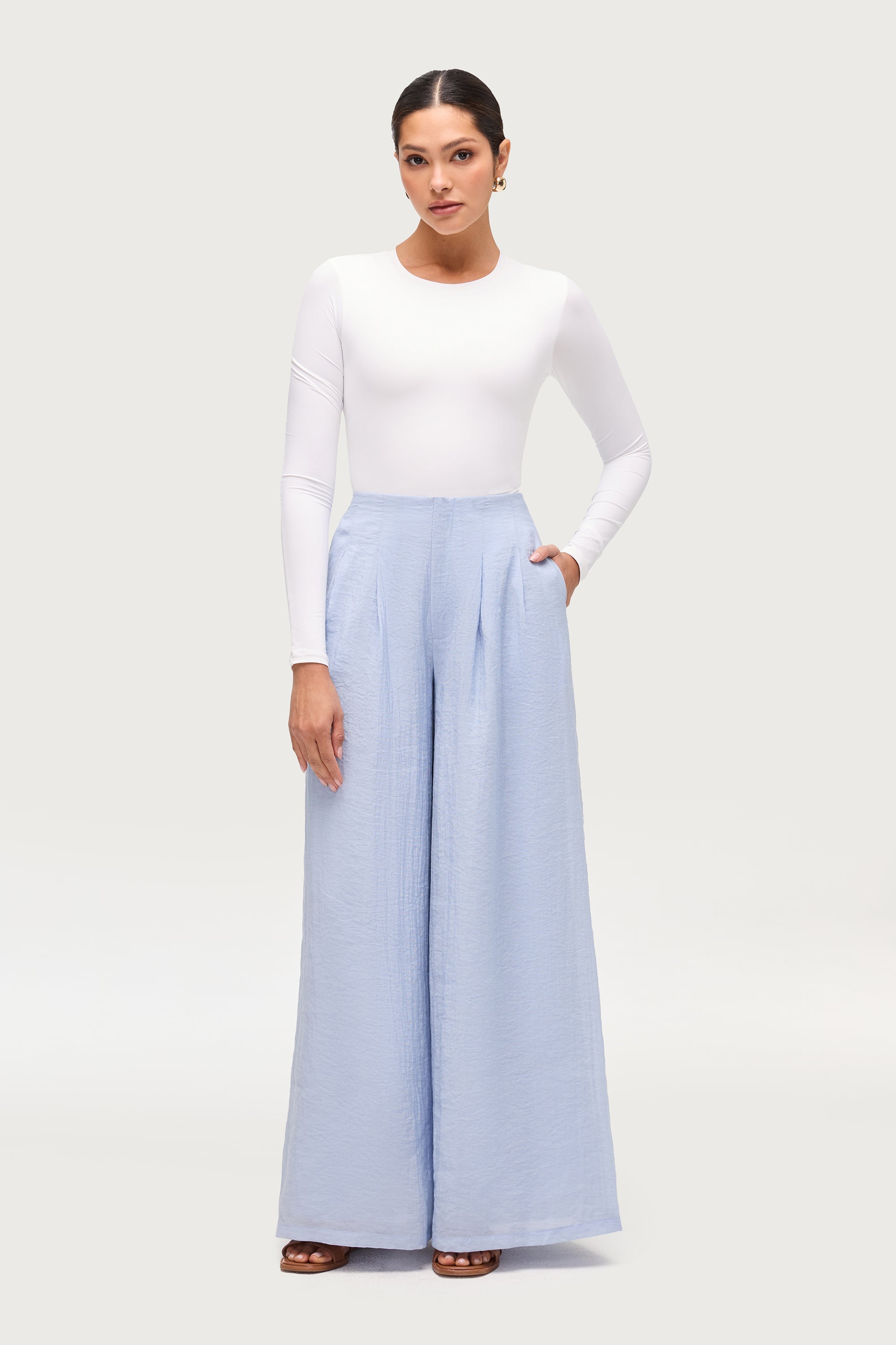 Front Pleat Palazzo Wide Leg Pants - Aura Blue Dresses Veiled