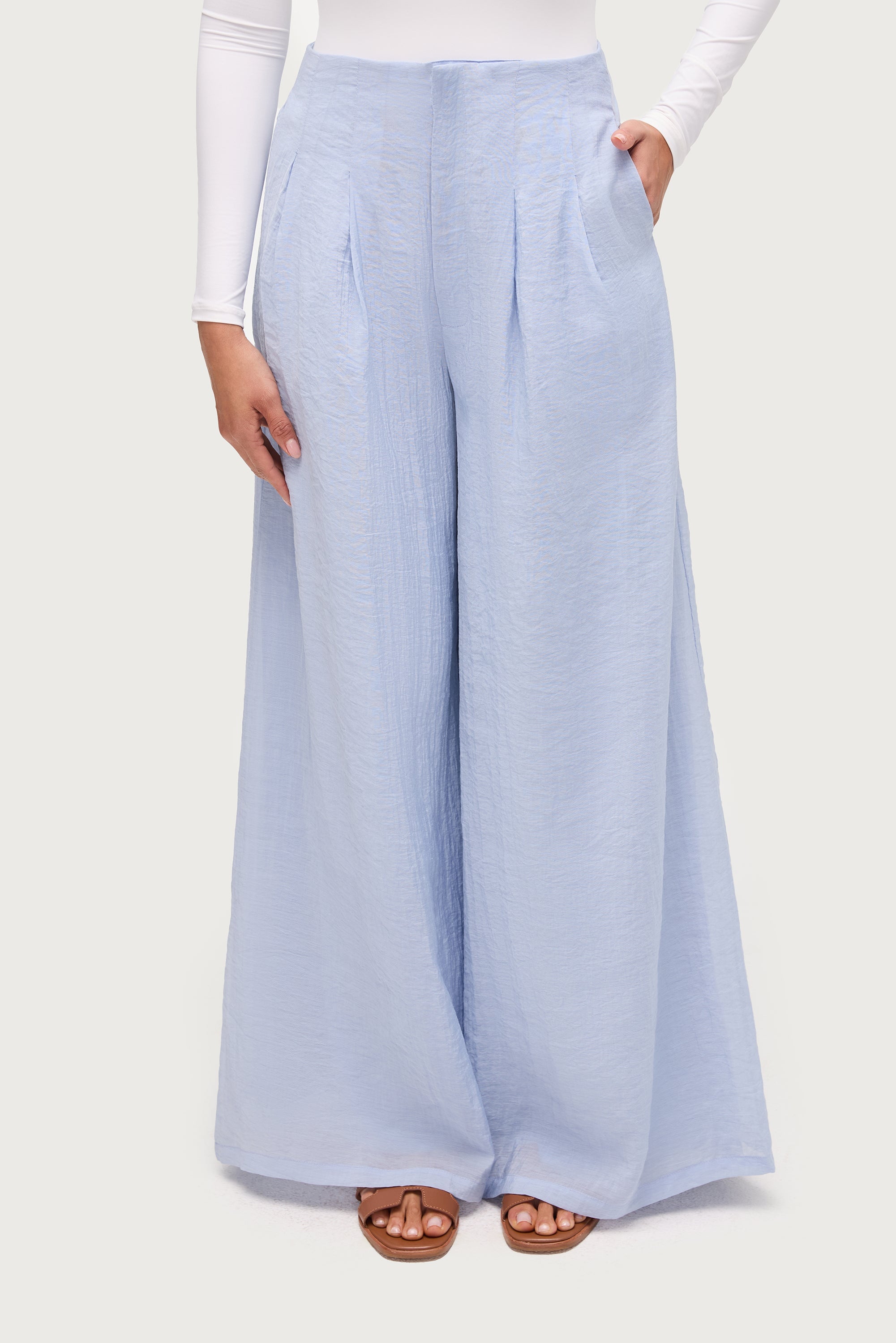 Front Pleat Palazzo Wide Leg Pants - Aura Blue Dresses Veiled