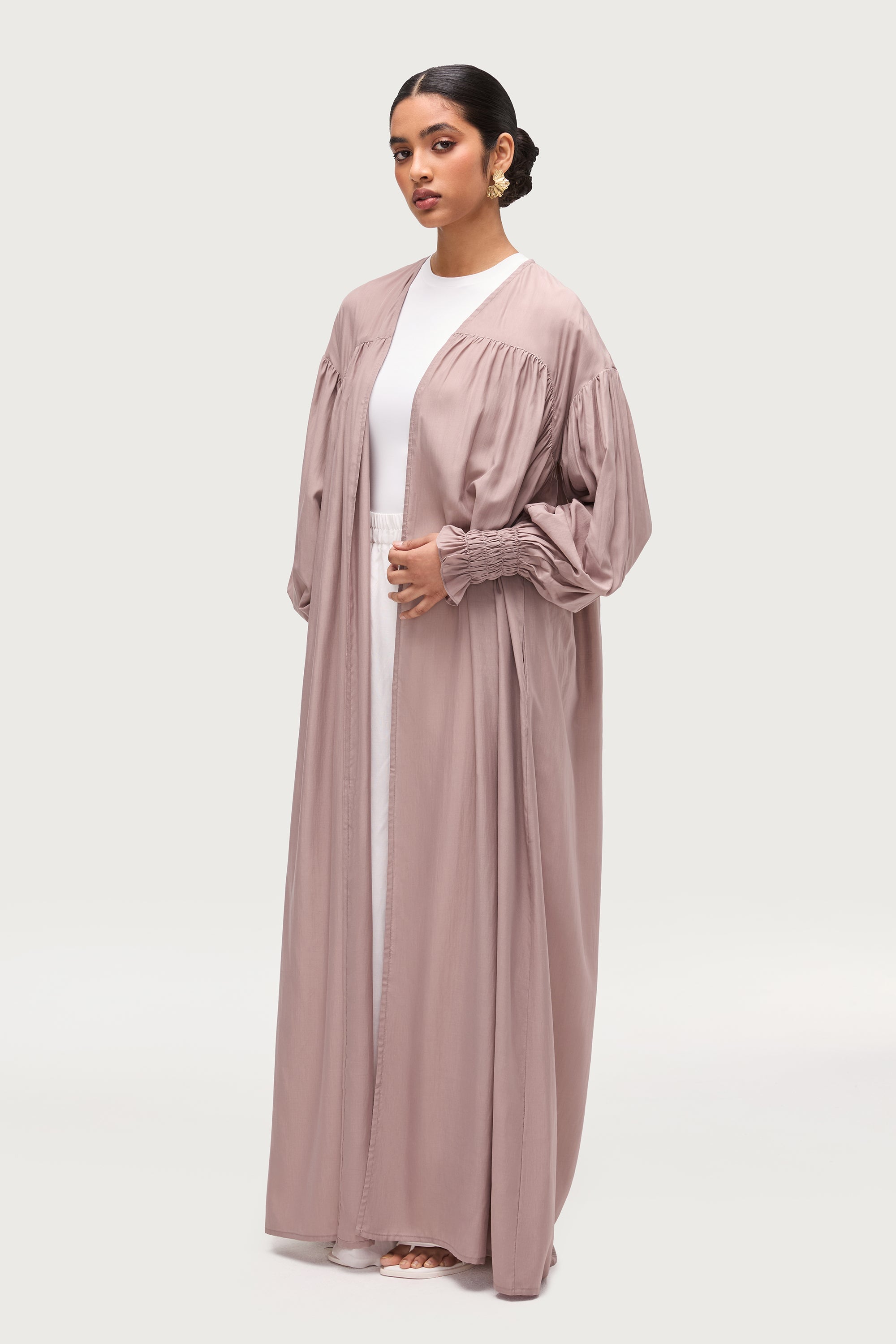 Gathered Open Front Abaya - Truffle Dresses Veiled