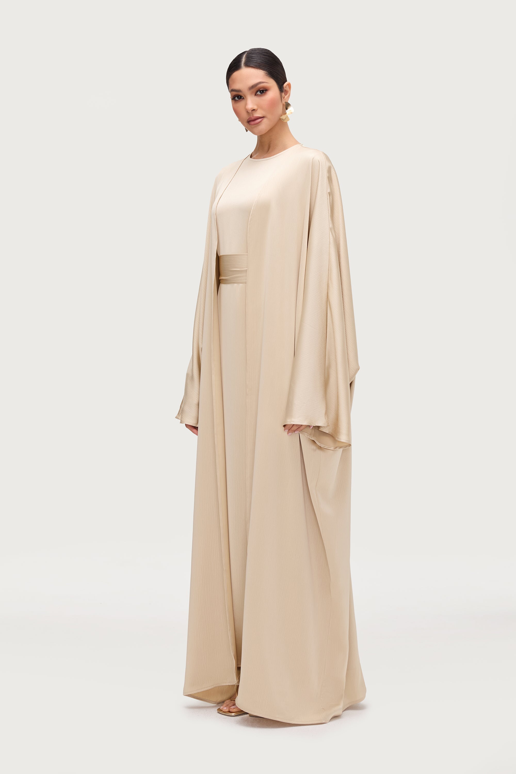 Ghada Satin Open Abaya & Dress Set - Golden Sand Abayas Veiled