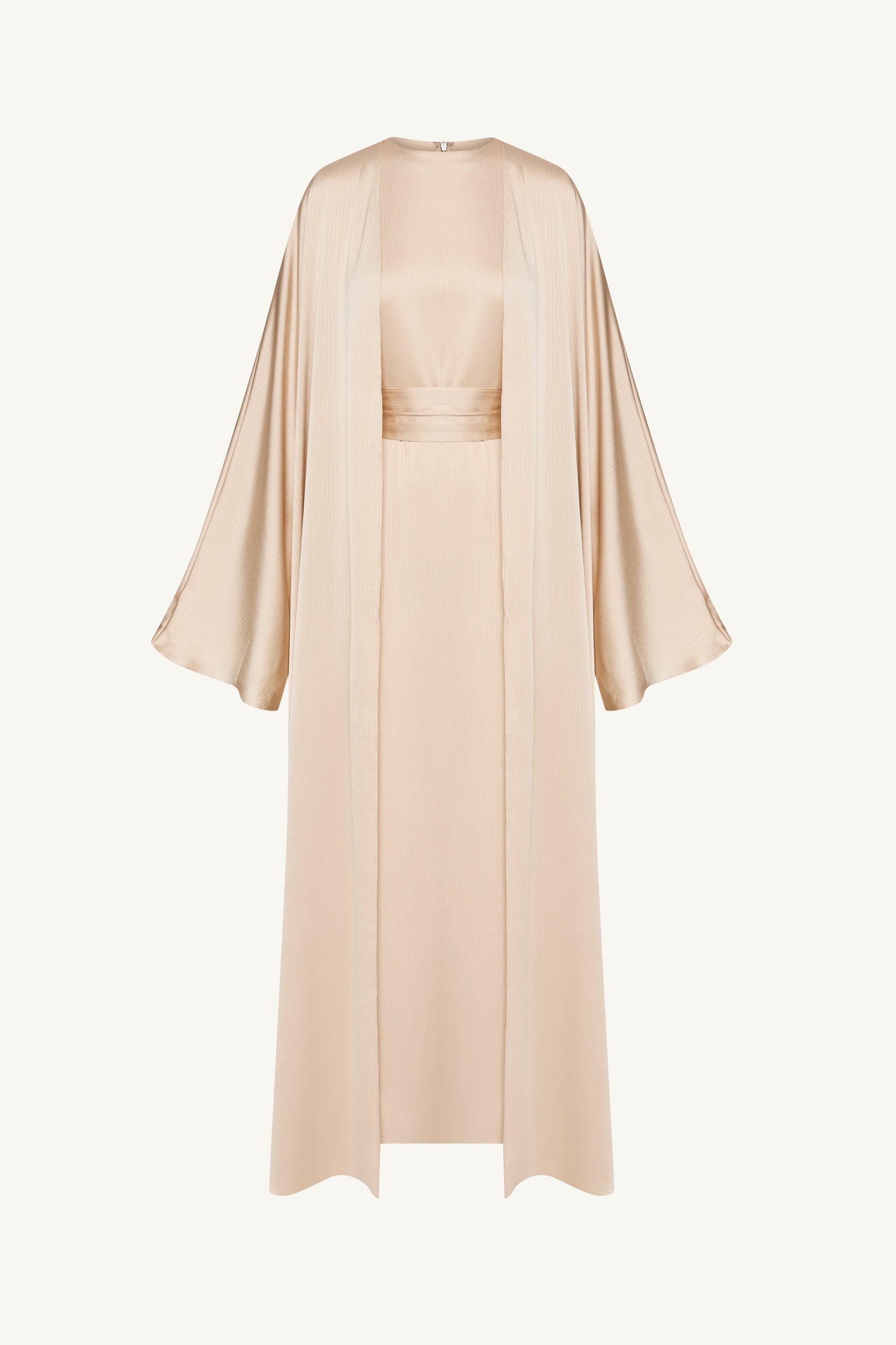 Ghada Satin Open Abaya & Dress Set - Golden Sand Abayas Veiled