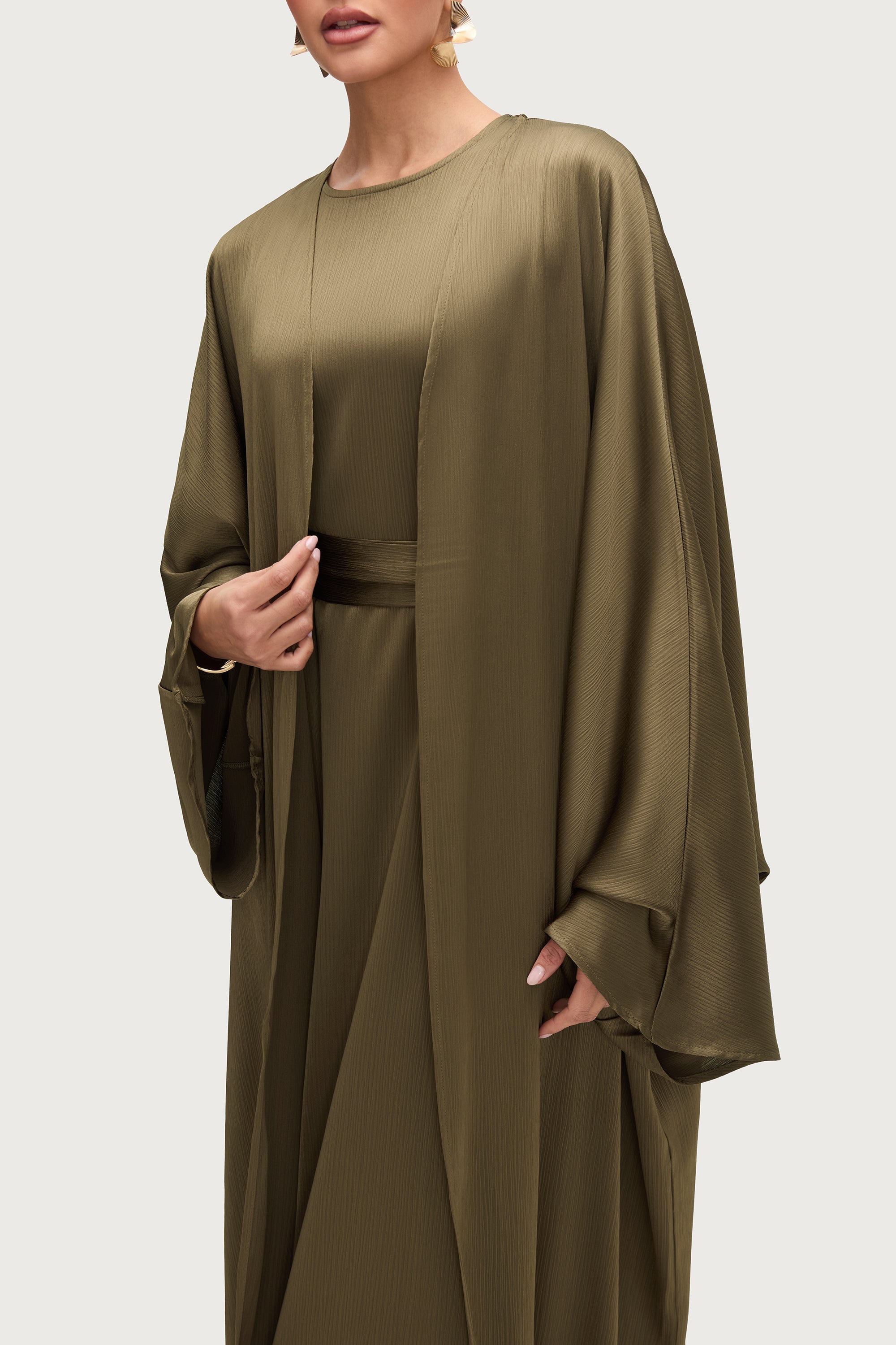 Ghada Satin Open Abaya & Dress Set - Kalamata Abayas Veiled