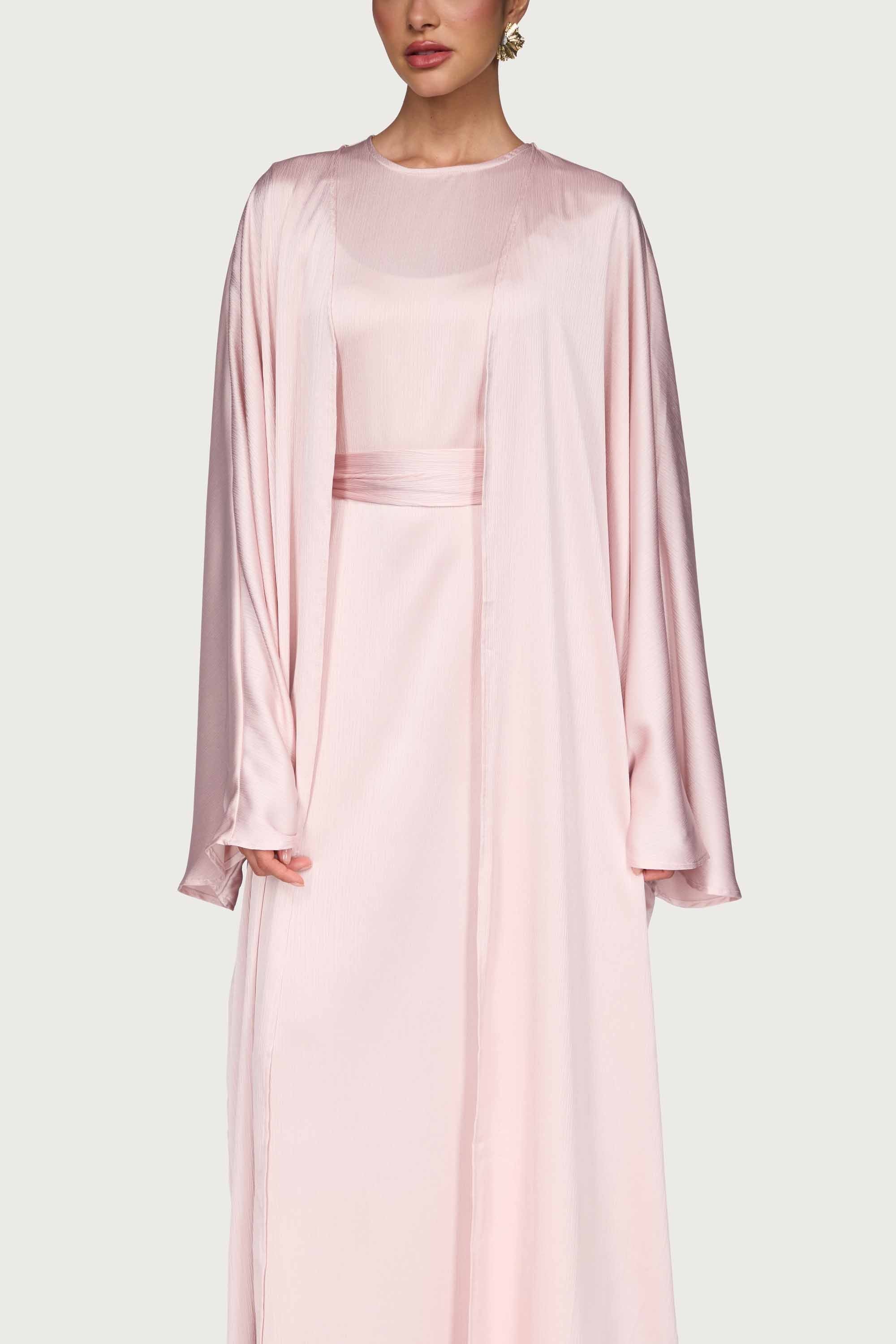 Ghada Satin Open Abaya & Dress Set - Pastel Pink Abayas Veiled
