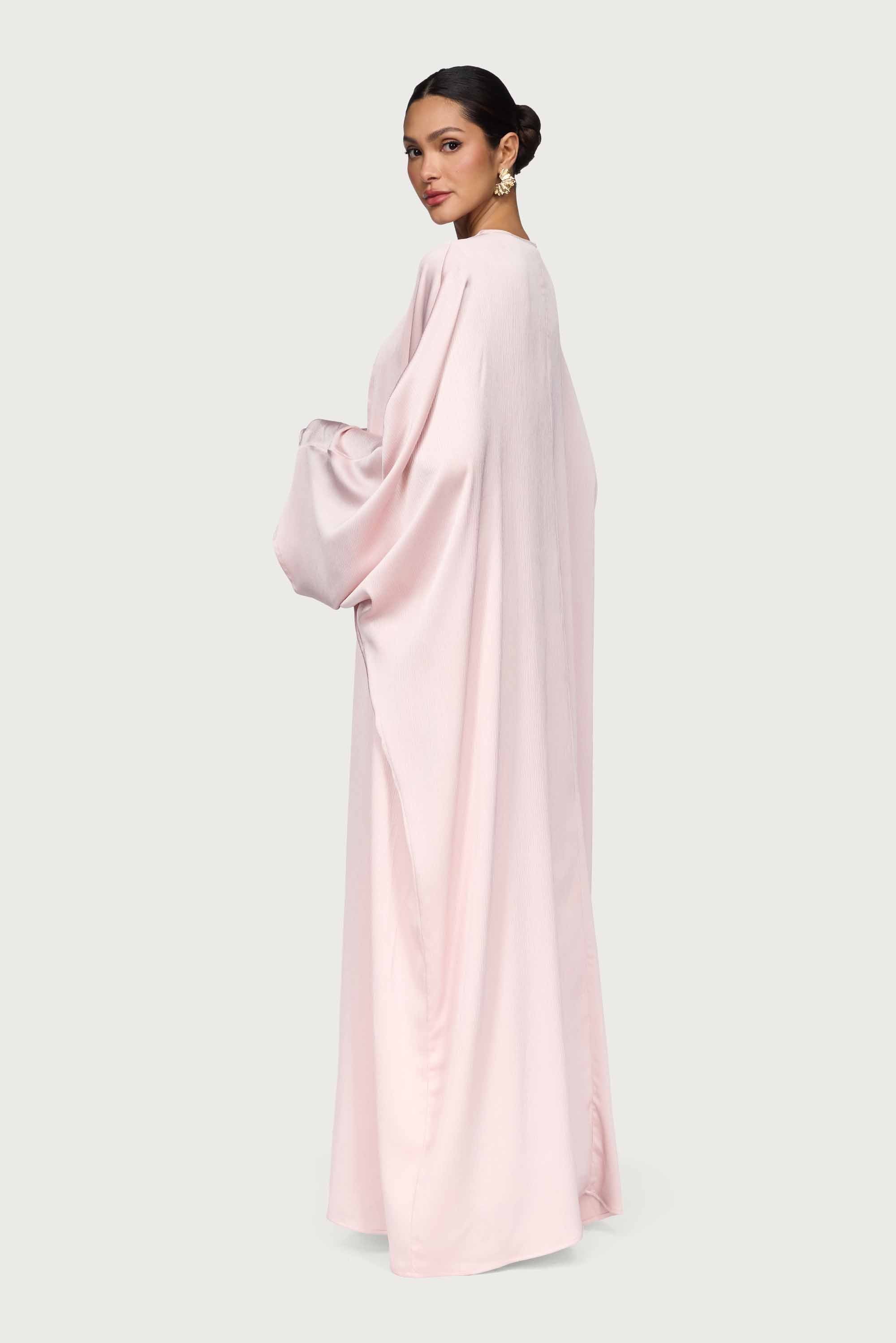 Ghada Satin Open Abaya & Dress Set - Pastel Pink Abayas Veiled