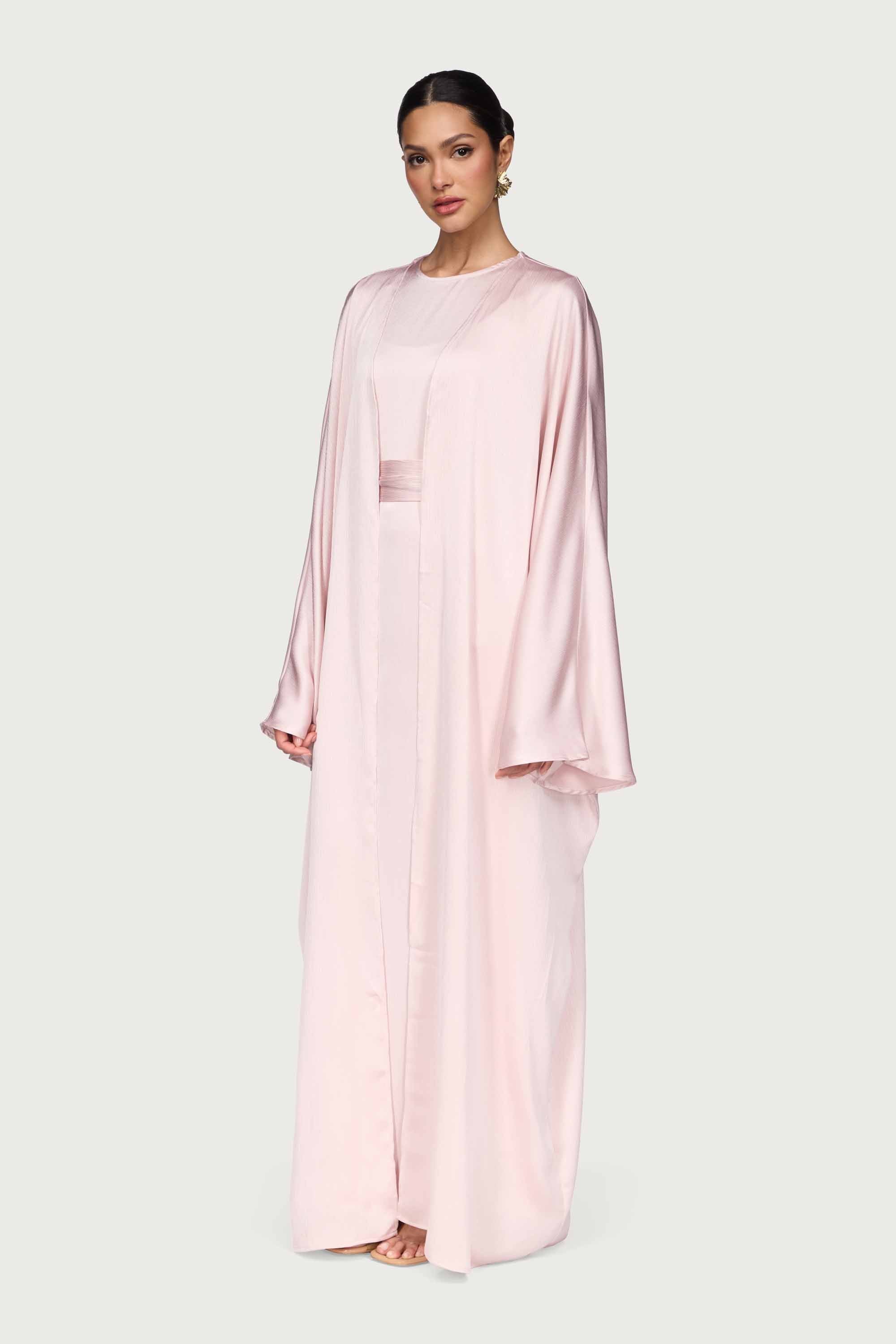 Ghada Satin Open Abaya & Dress Set - Pastel Pink Abayas Veiled