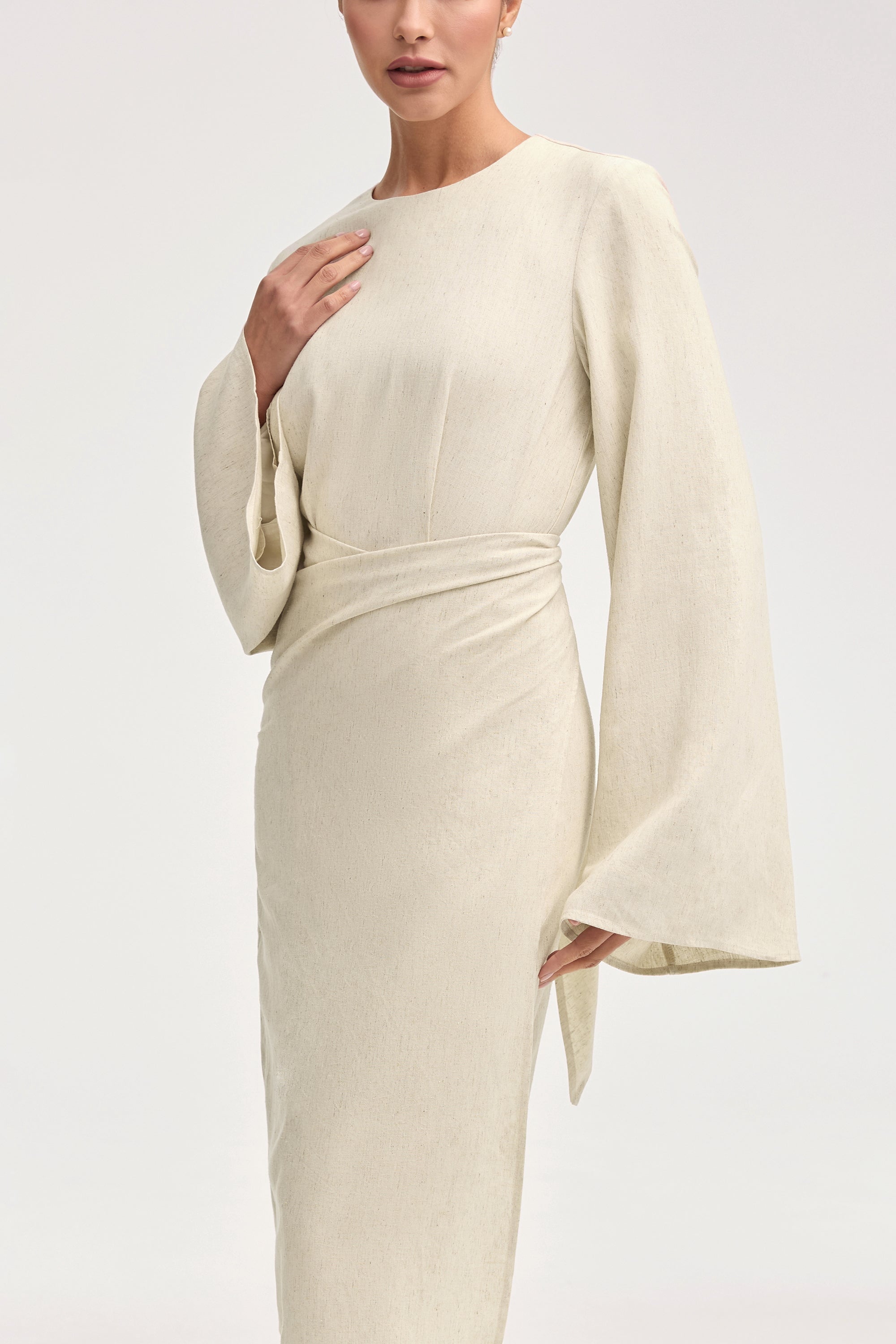 Hanadi Linen Wrap Maxi Dress - Beige Clothing epschoolboard 