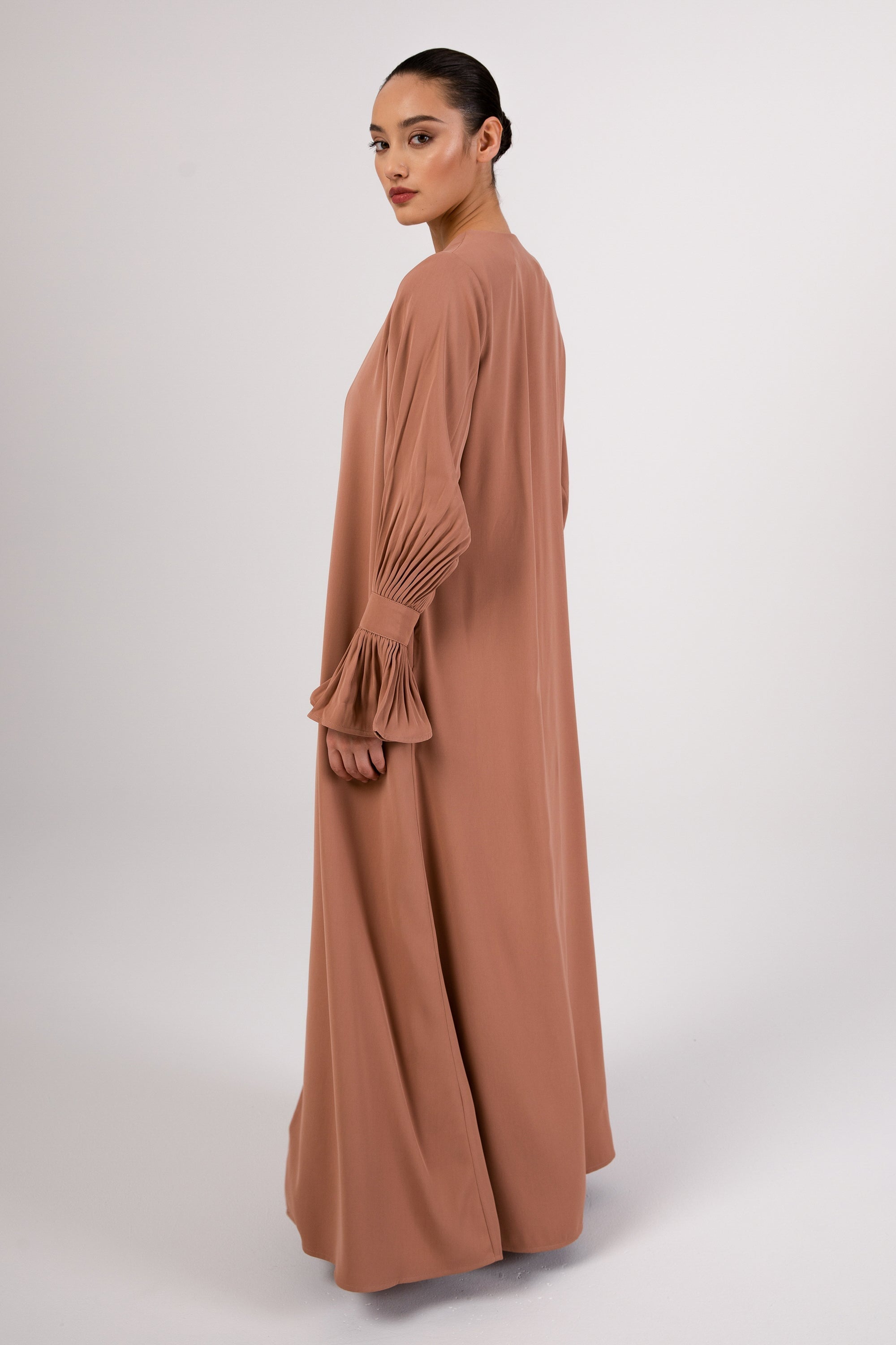 Jamila Cinched Sleeve Open Abaya and Dres Set - Desert Clay Abayas saigonodysseyhotel 