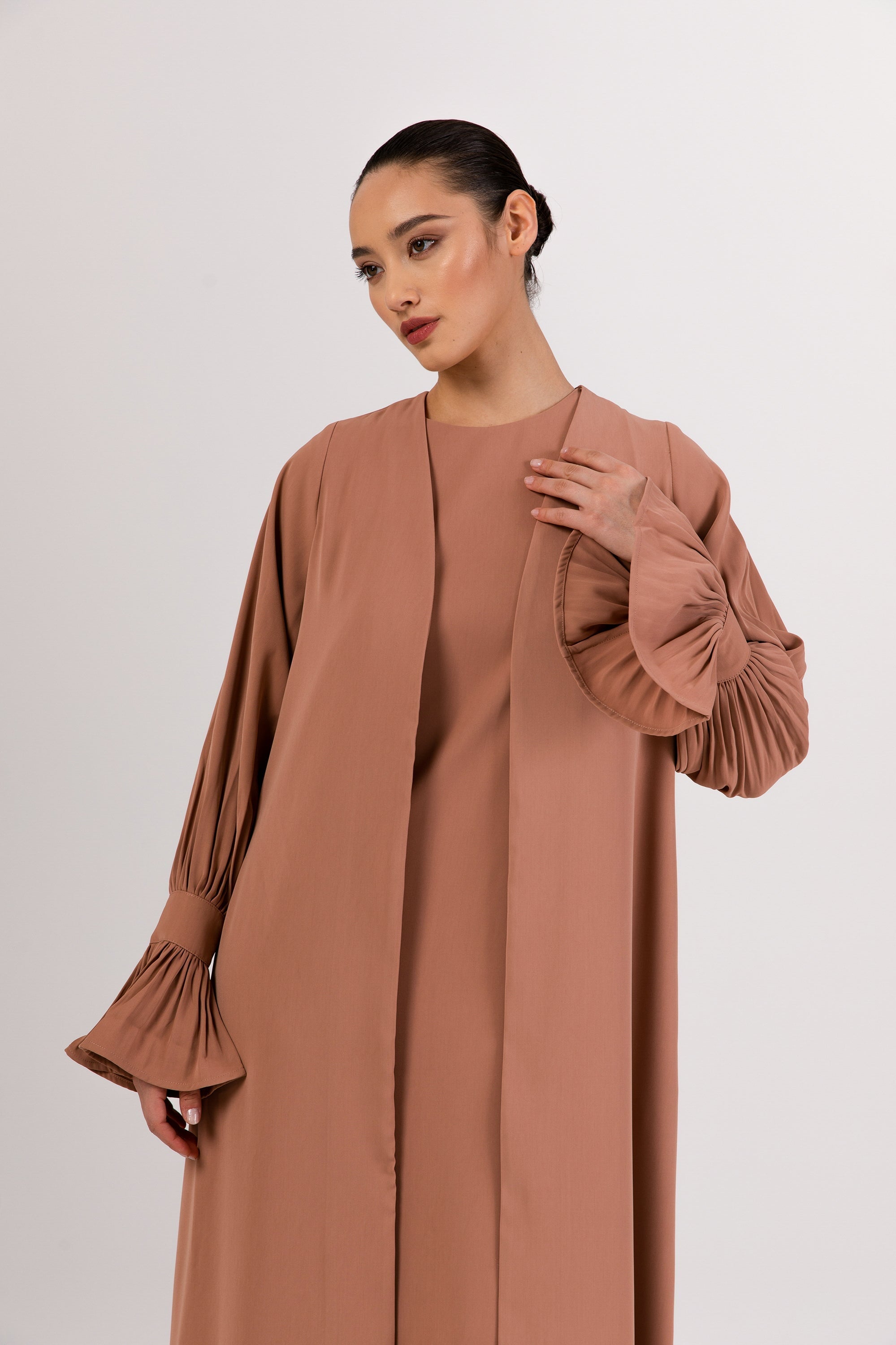Jamila Cinched Sleeve Open Abaya and Dres Set - Desert Clay Abayas saigonodysseyhotel 