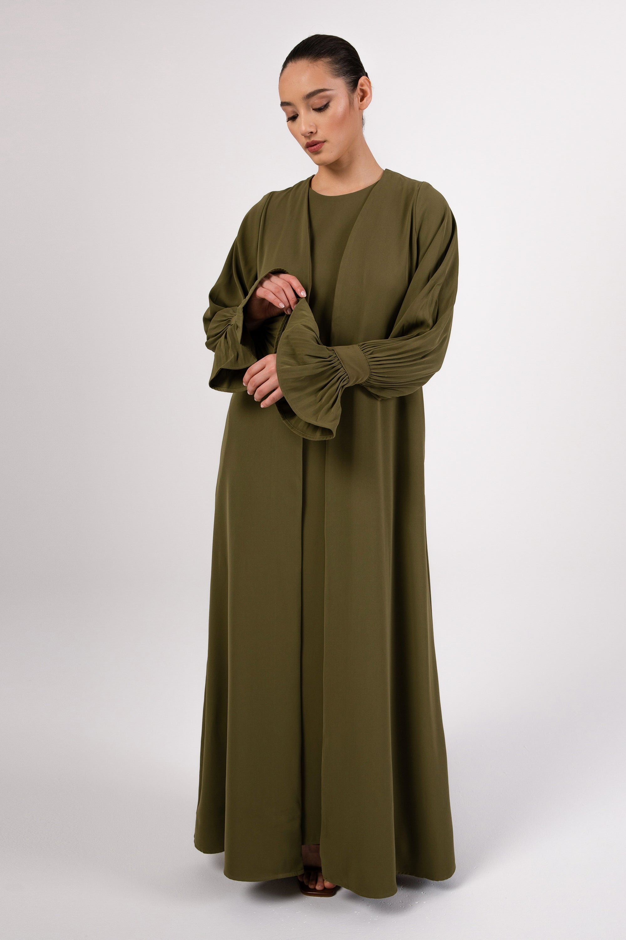 Jamila Cinched Sleeve Open Abaya and Dress Set - Avocado Abayas saigonodysseyhotel 