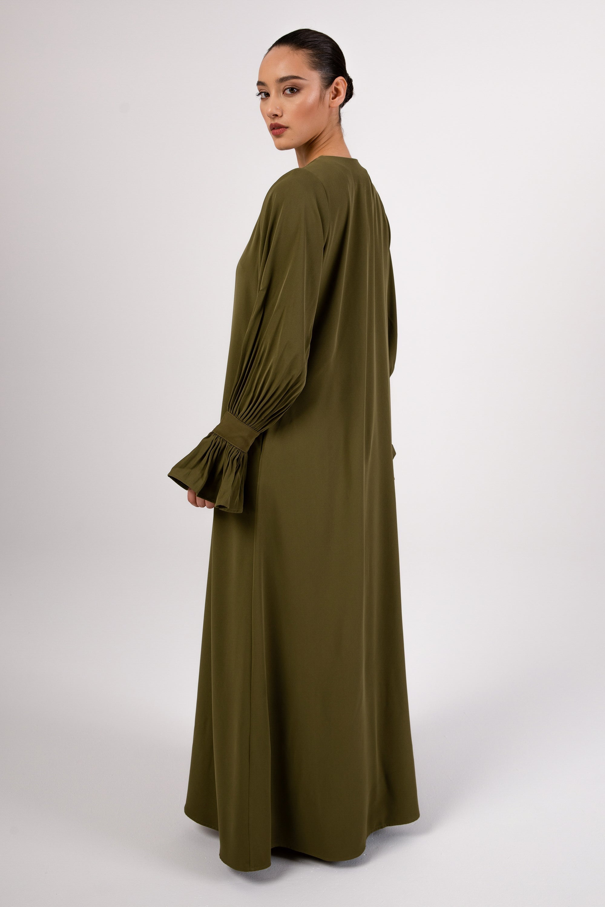 Jamila Cinched Sleeve Open Abaya and Dress Set - Avocado Abayas epschoolboard 