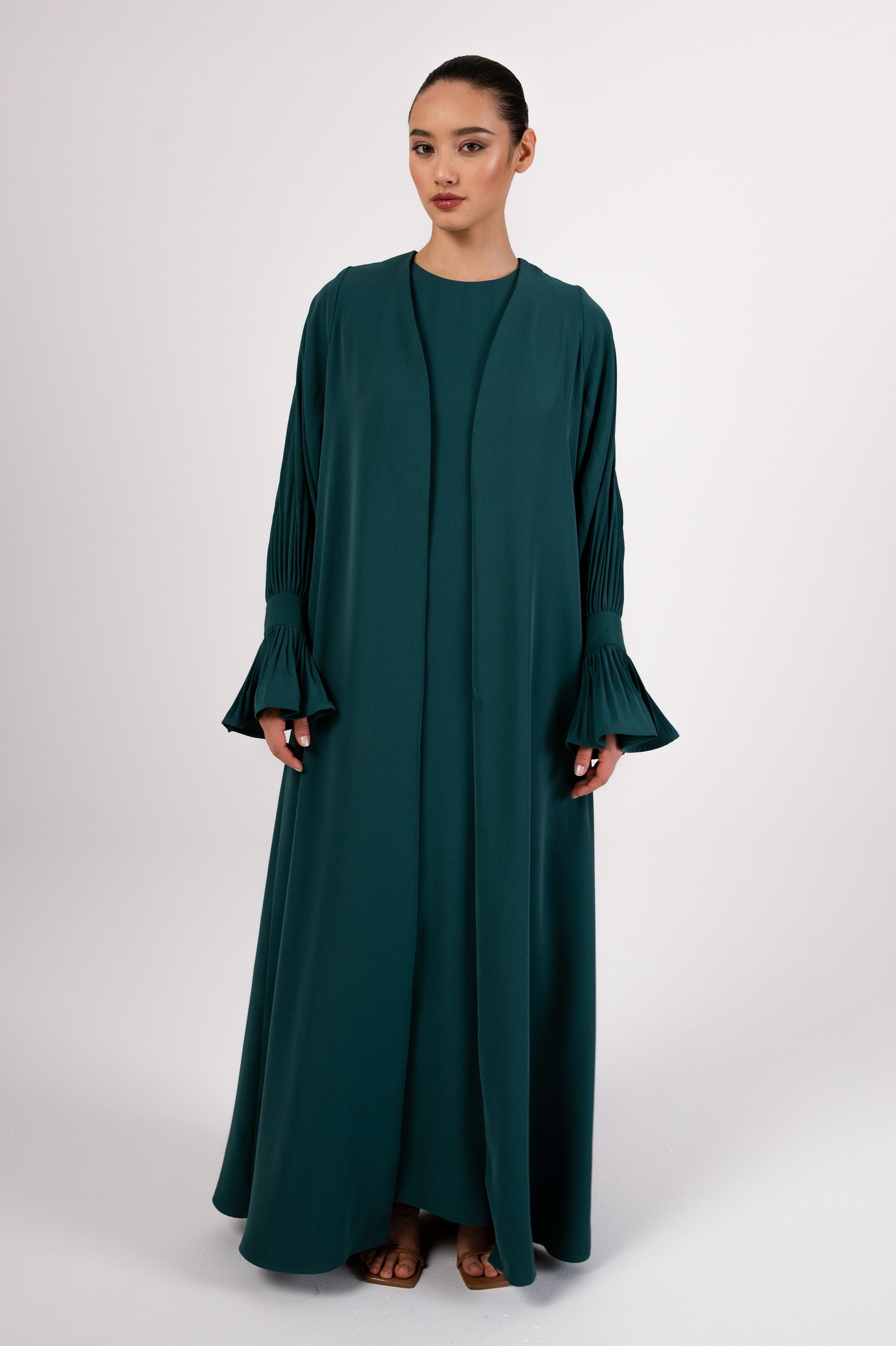 Jamila Cinched Sleeve Open Abaya and Dress Set- Teal Abayas Veiled 